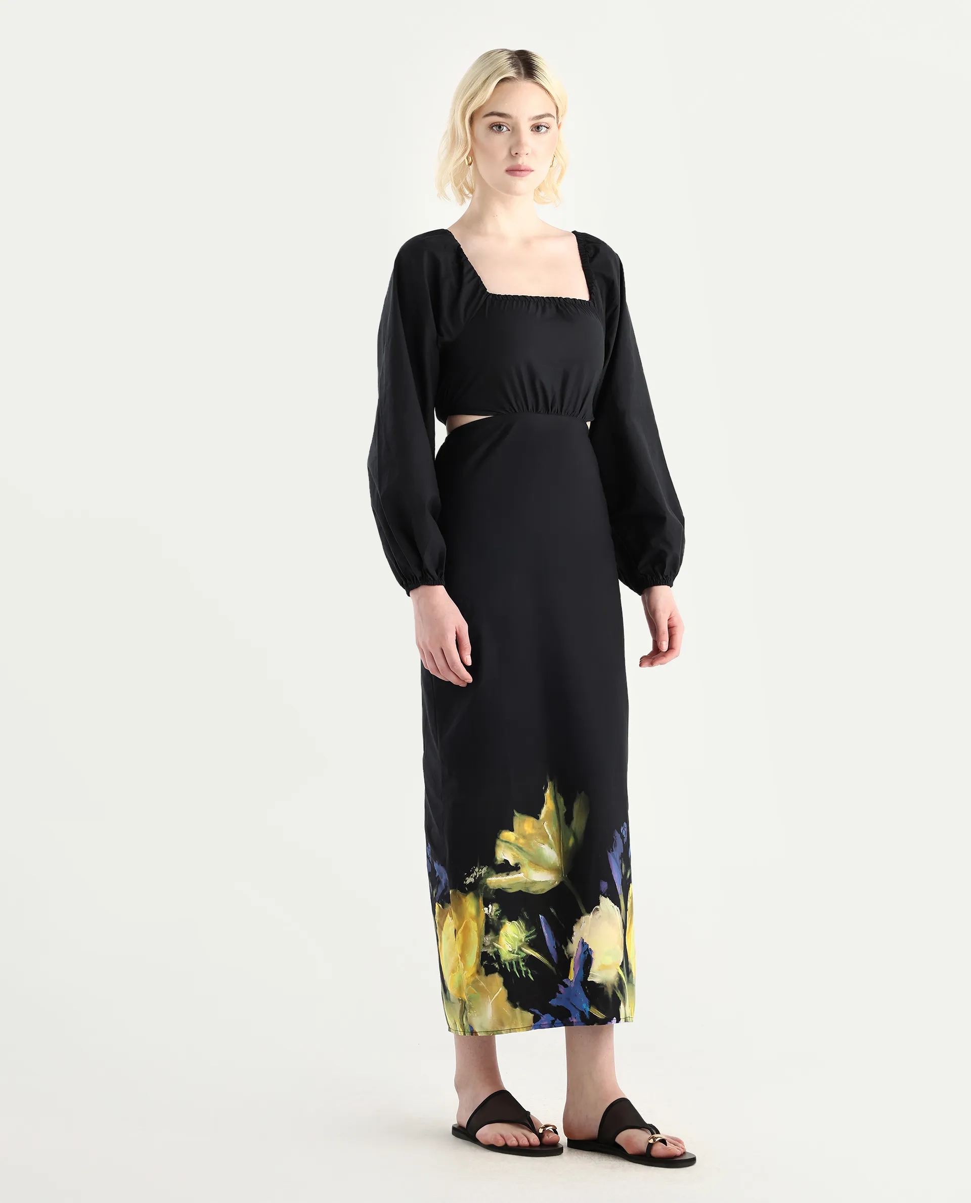 Rareism Women's Janqurt Black Cotton Square Neck Floral Print Bishop Sleeve Maxi Fitted Dress - Image 3