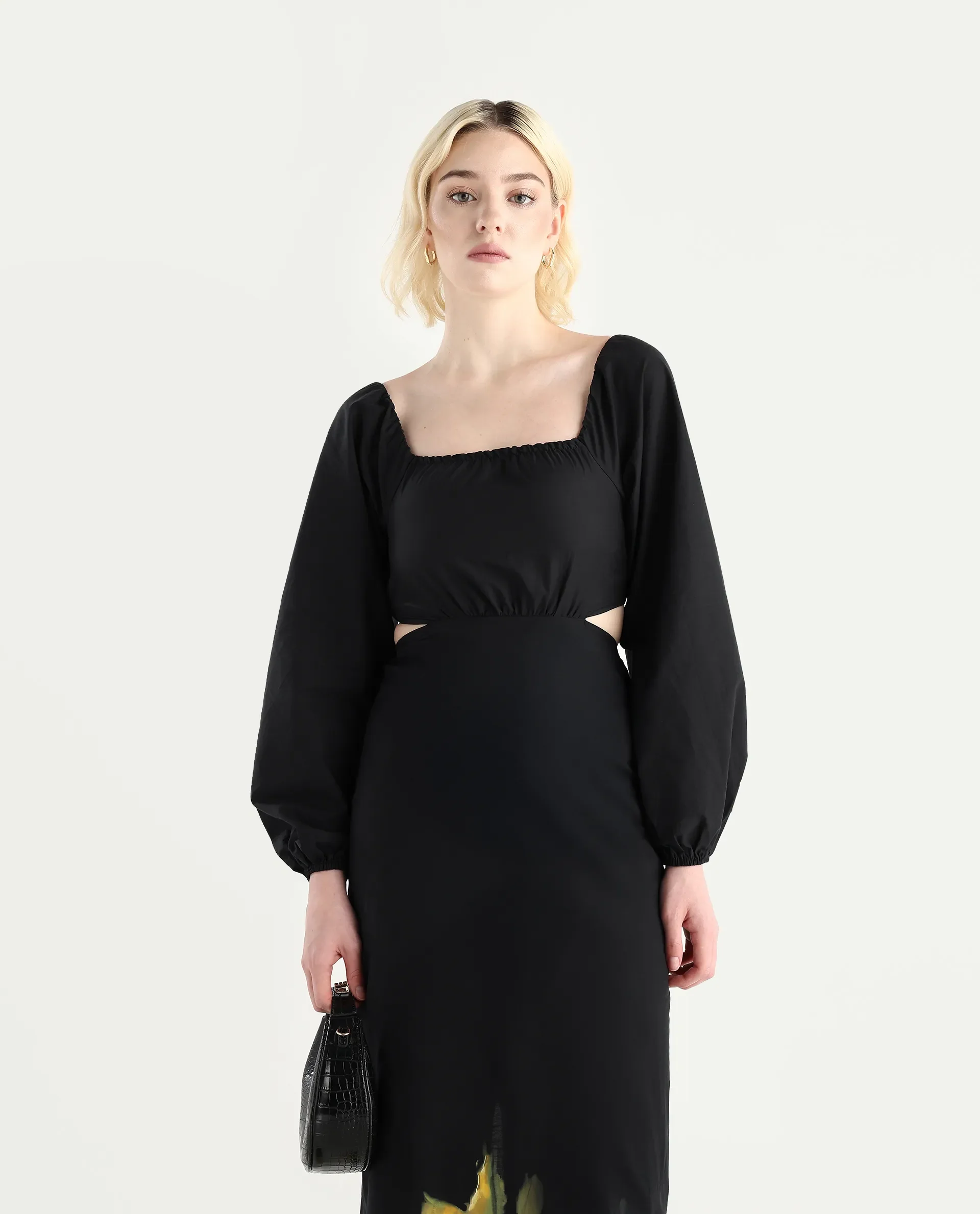 Rareism Women's Janqurt Black Cotton Square Neck Floral Print Bishop Sleeve Maxi Fitted Dress - Image 4