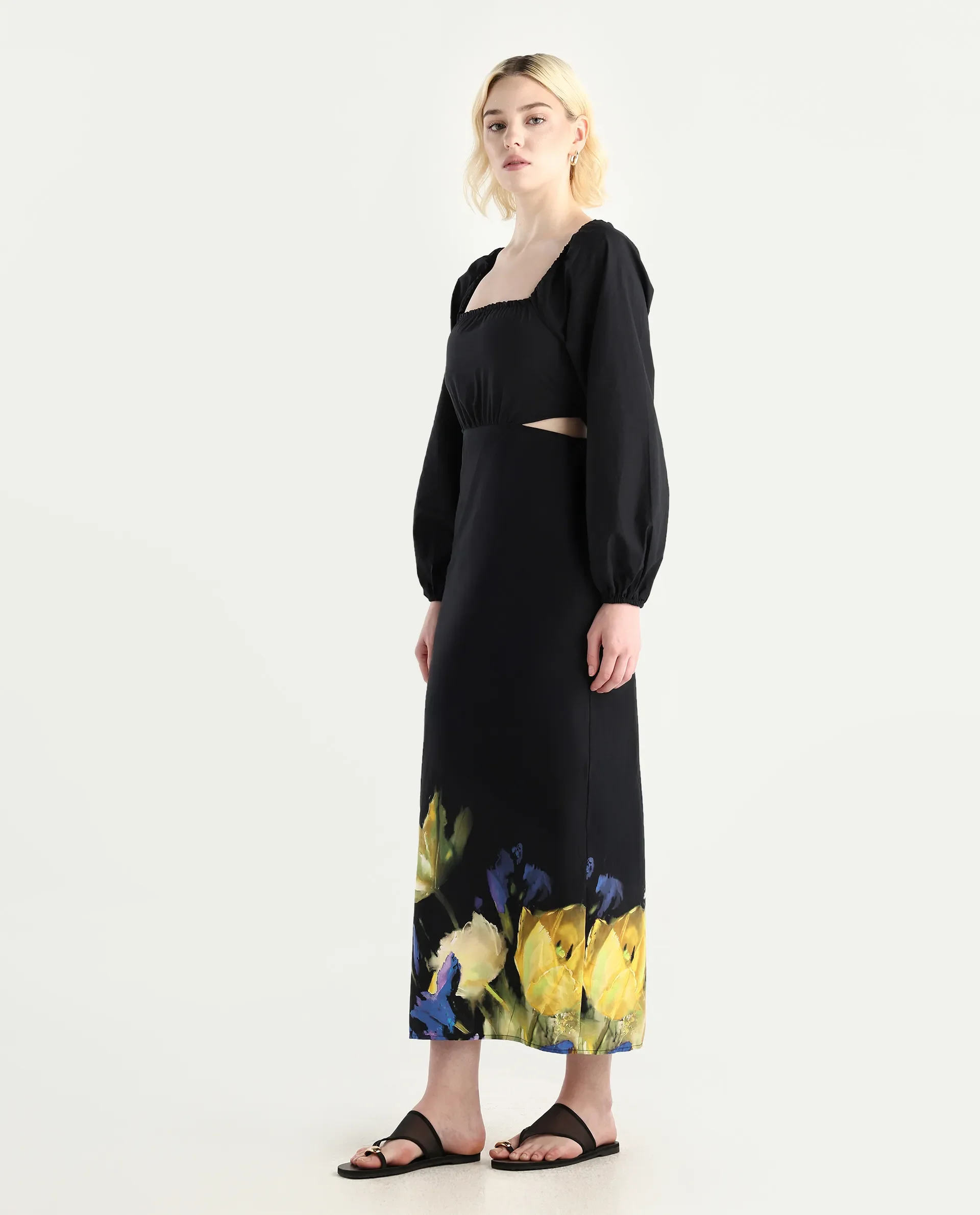 Rareism Women's Janqurt Black Cotton Square Neck Floral Print Bishop Sleeve Maxi Fitted Dress - Image 6