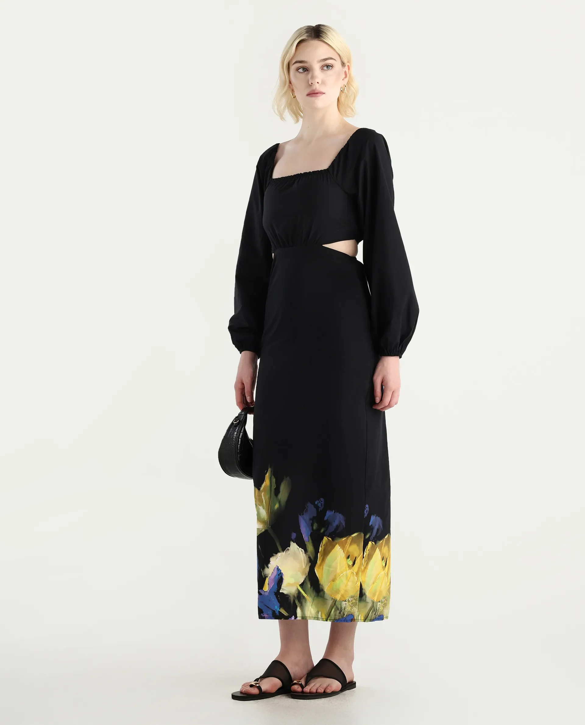 Rareism Women's Janqurt Black Cotton Square Neck Floral Print Bishop Sleeve Maxi Fitted Dress - Image 7