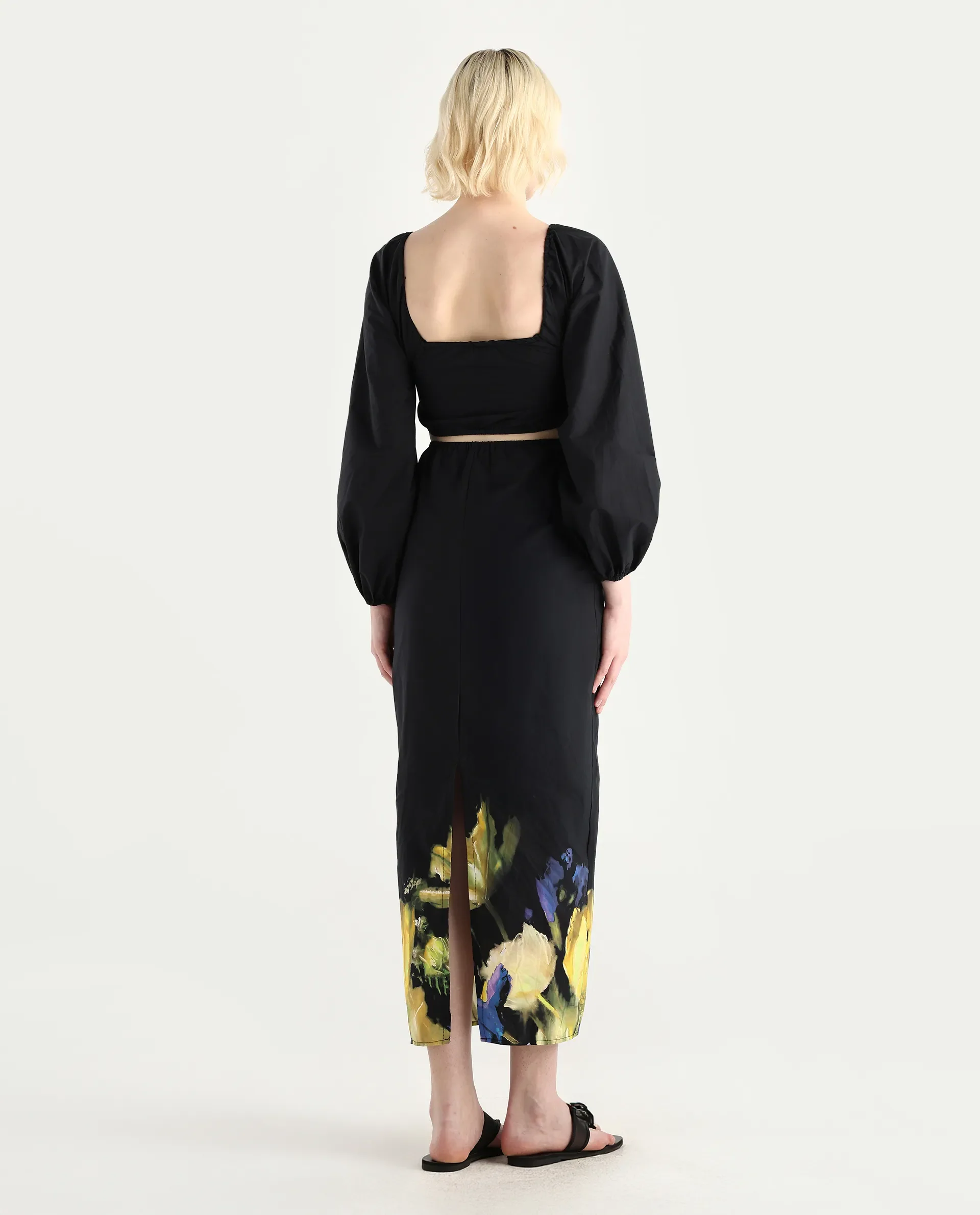 Rareism Women's Janqurt Black Cotton Square Neck Floral Print Bishop Sleeve Maxi Fitted Dress - Image 8