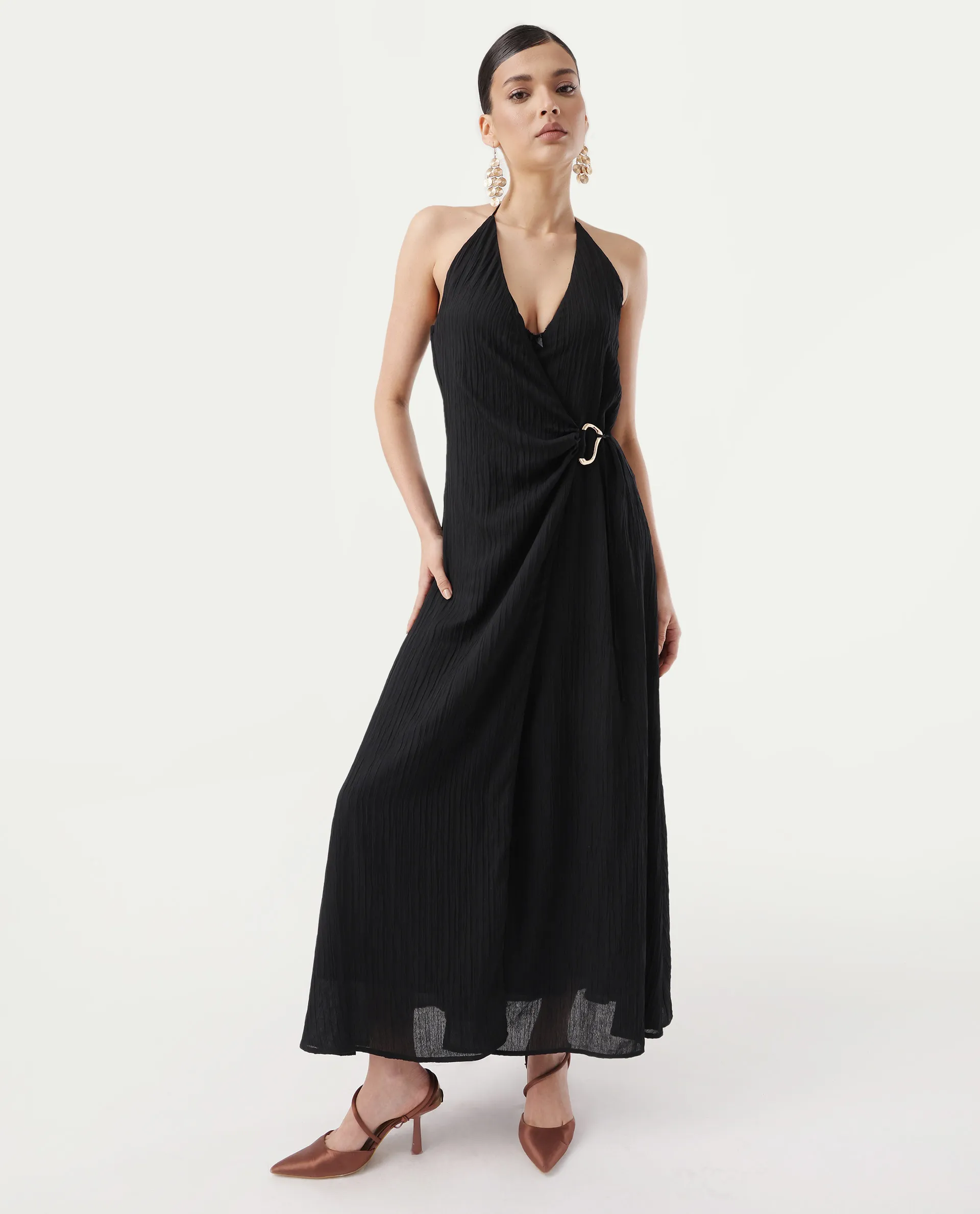 Rareism Women's Janram Black Polyester Tie-Up Neck Plain Sleeveless Maxi Wrap Dress - Image 2