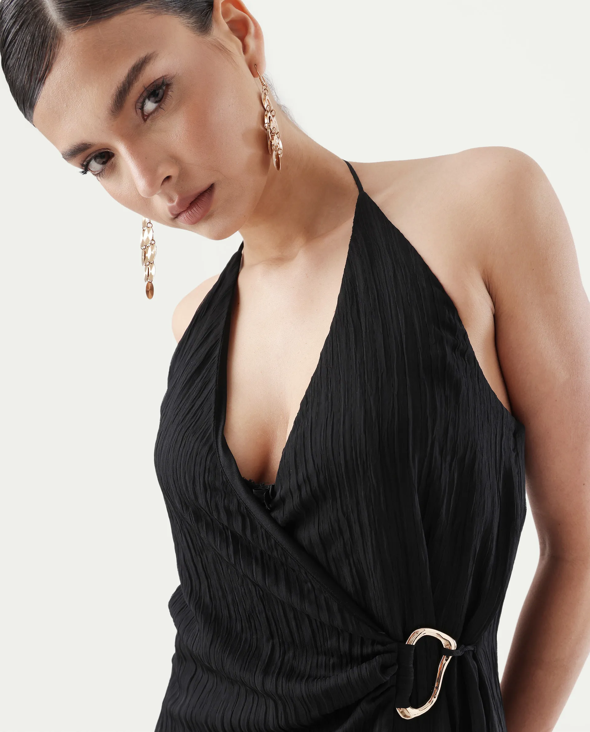 Rareism Women's Janram Black Polyester Tie-Up Neck Plain Sleeveless Maxi Wrap Dress - Image 3