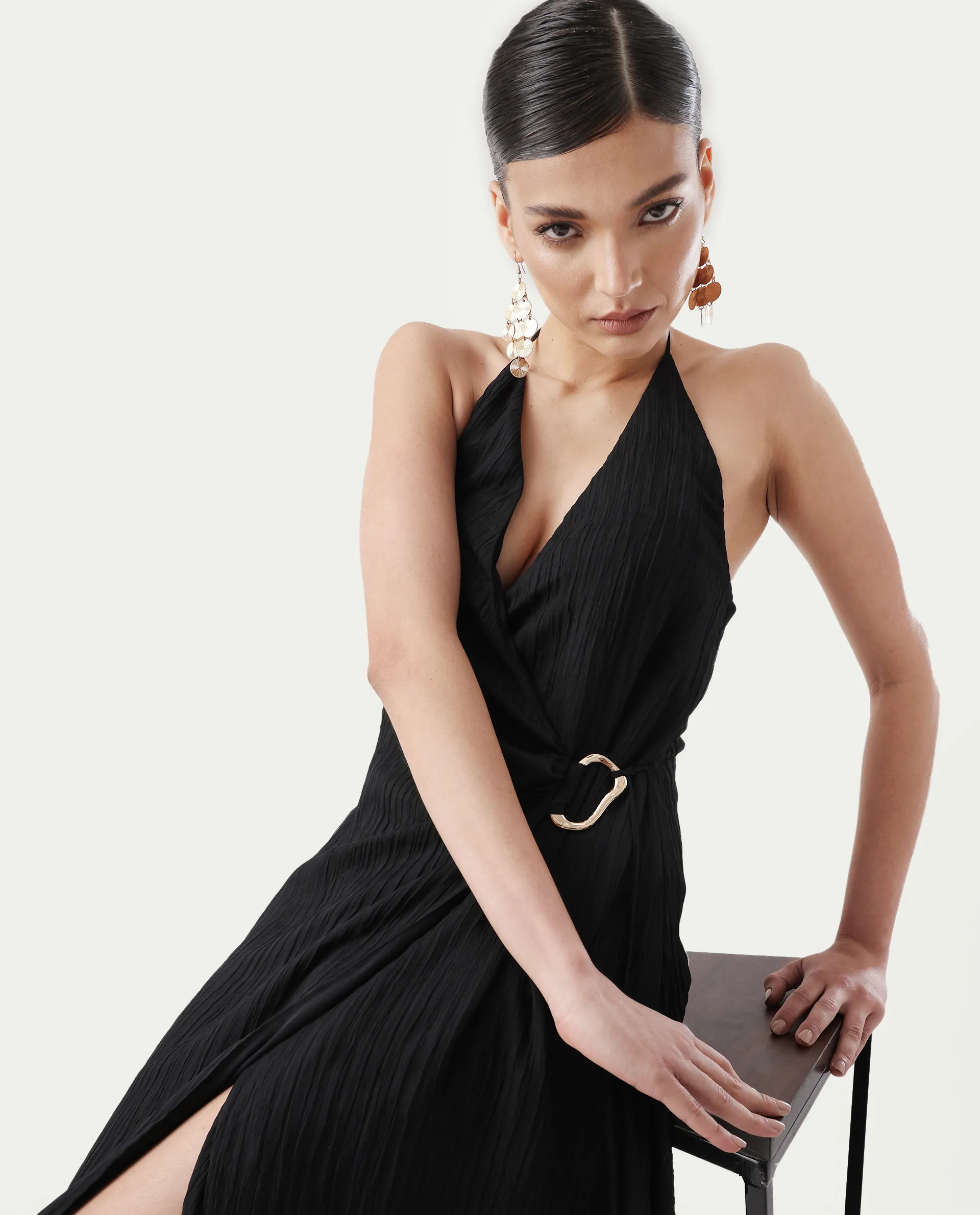 Rareism Women's Janram Black Polyester Tie-Up Neck Plain Sleeveless Maxi Wrap Dress - Image 4