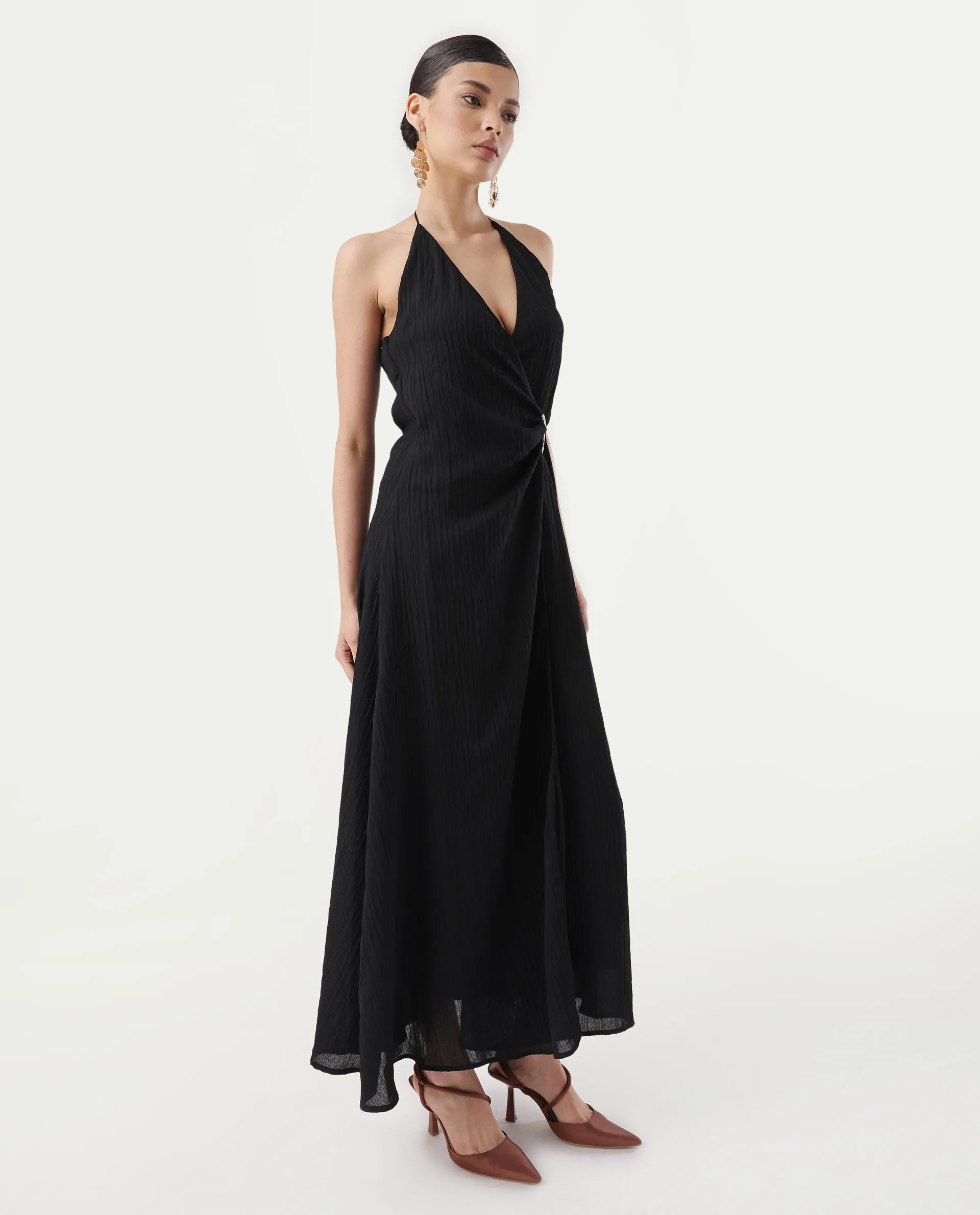 Rareism Women's Janram Black Polyester Tie-Up Neck Plain Sleeveless Maxi Wrap Dress - Image 5