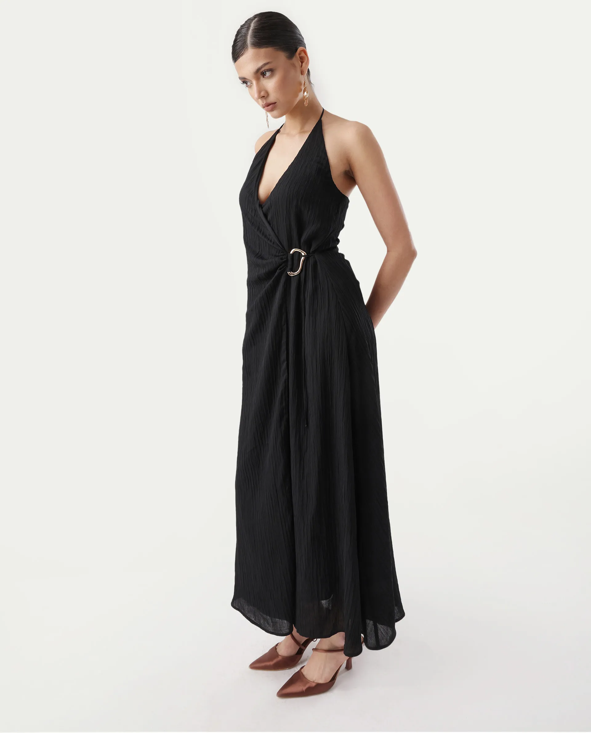Rareism Women's Janram Black Polyester Tie-Up Neck Plain Sleeveless Maxi Wrap Dress - Image 6