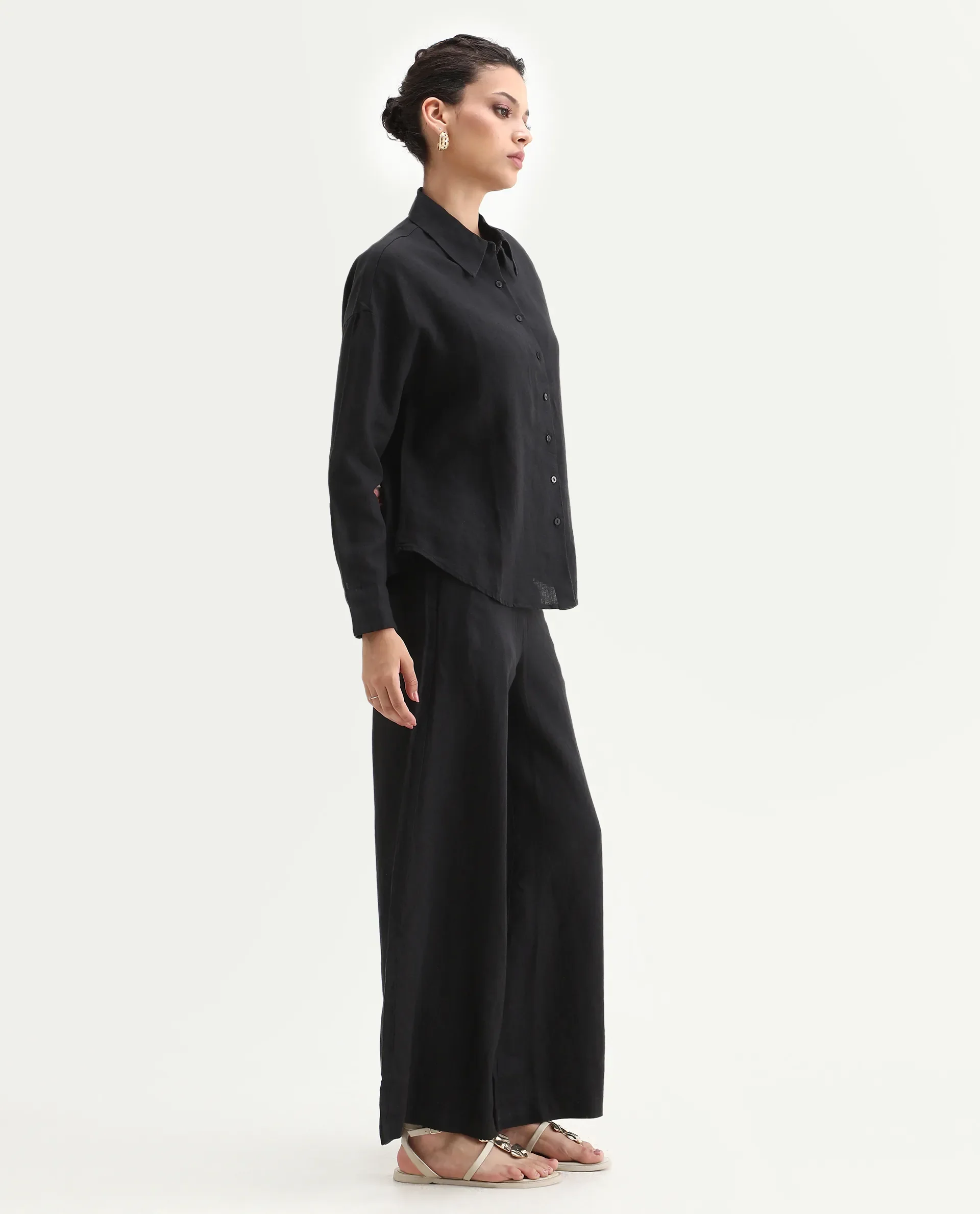 Rareism Women's Janria B Black Linen Plain Ankle Length Wide Trouser - Image 4