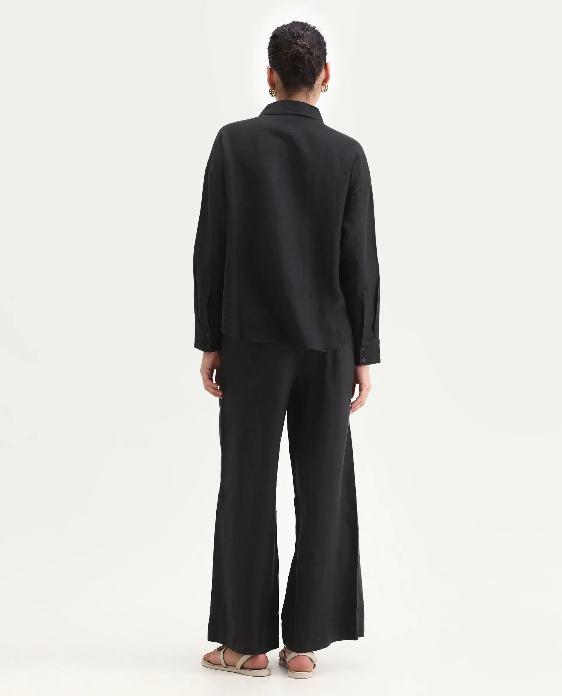 Rareism Women's Janria B Black Linen Plain Ankle Length Wide Trouser - Image 5