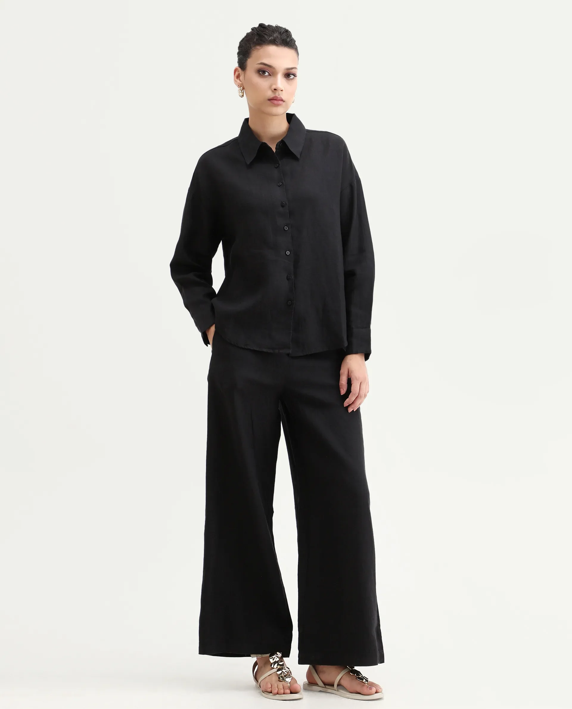 Rareism Women's Janria T Black Linen Spread Collar Plain Cuffed Sleeve Regular Fit Top - Image 2