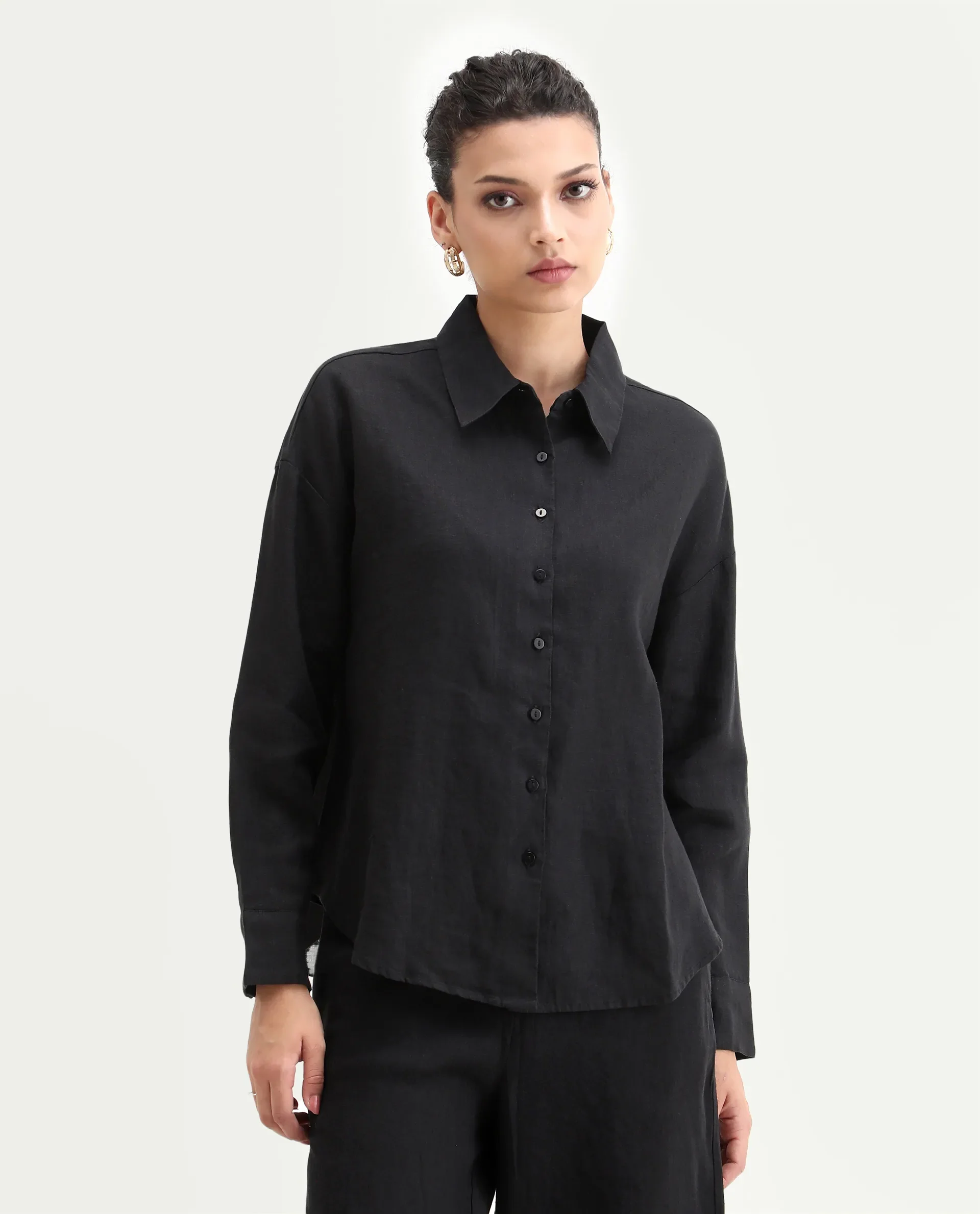 Rareism Women's Janria T Black Linen Spread Collar Plain Cuffed Sleeve Regular Fit Top - Image 3