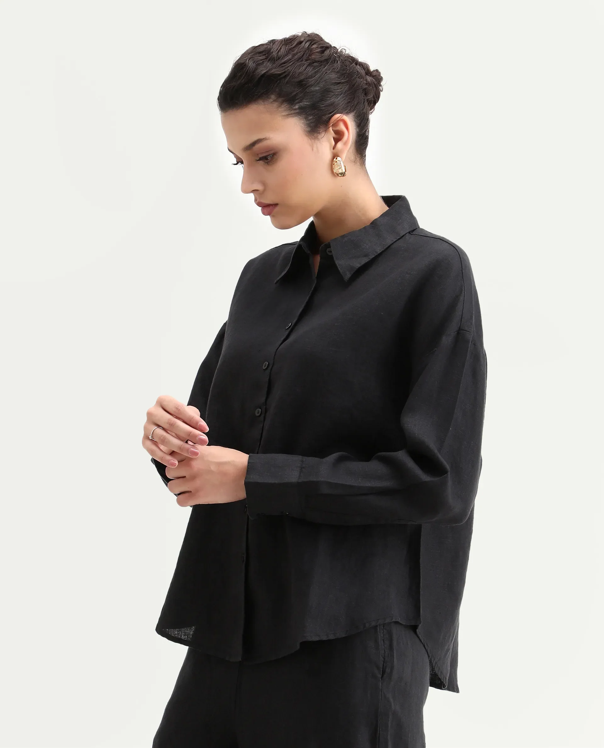 Rareism Women's Janria T Black Linen Spread Collar Plain Cuffed Sleeve Regular Fit Top - Image 5