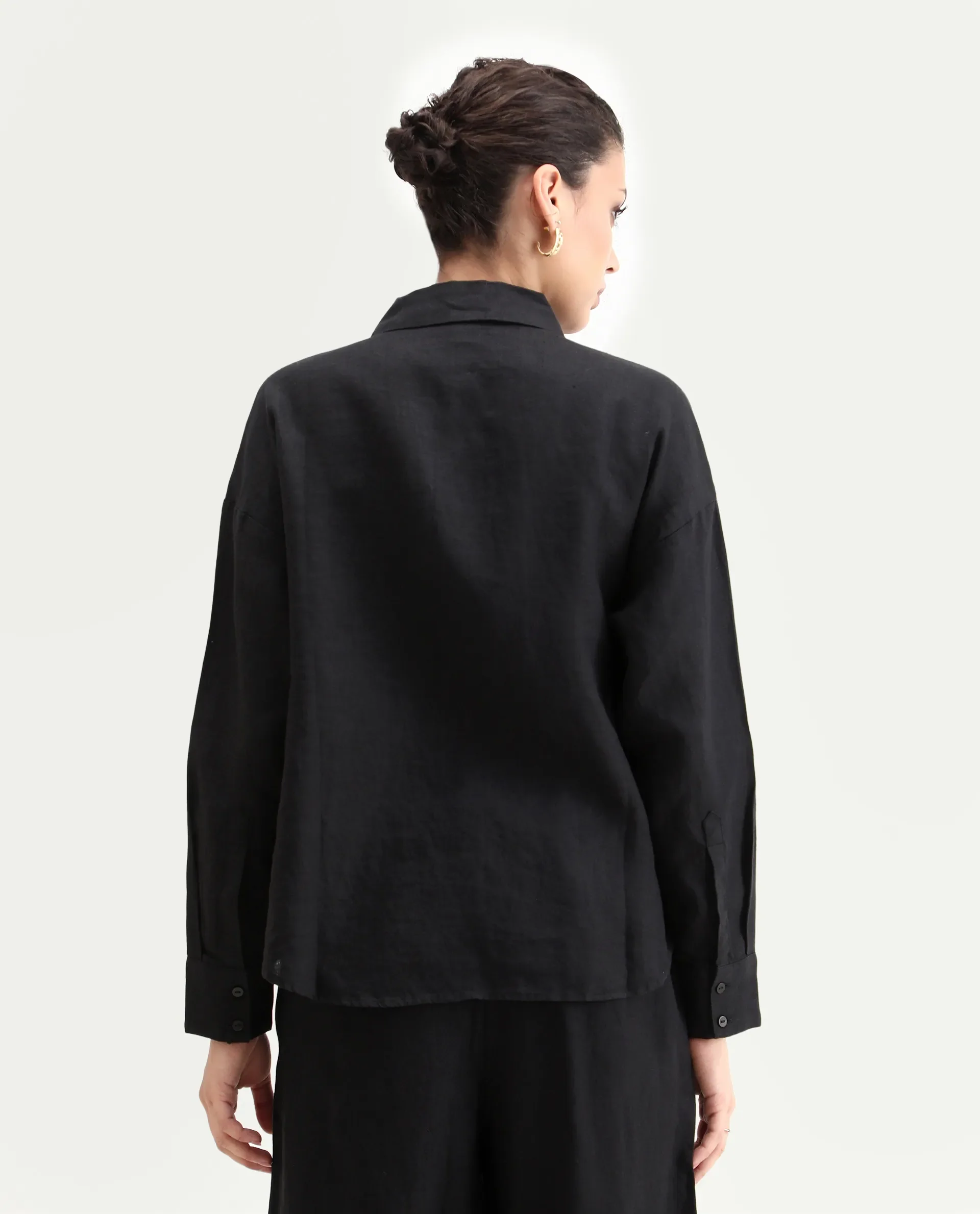 Rareism Women's Janria T Black Linen Spread Collar Plain Cuffed Sleeve Regular Fit Top - Image 7