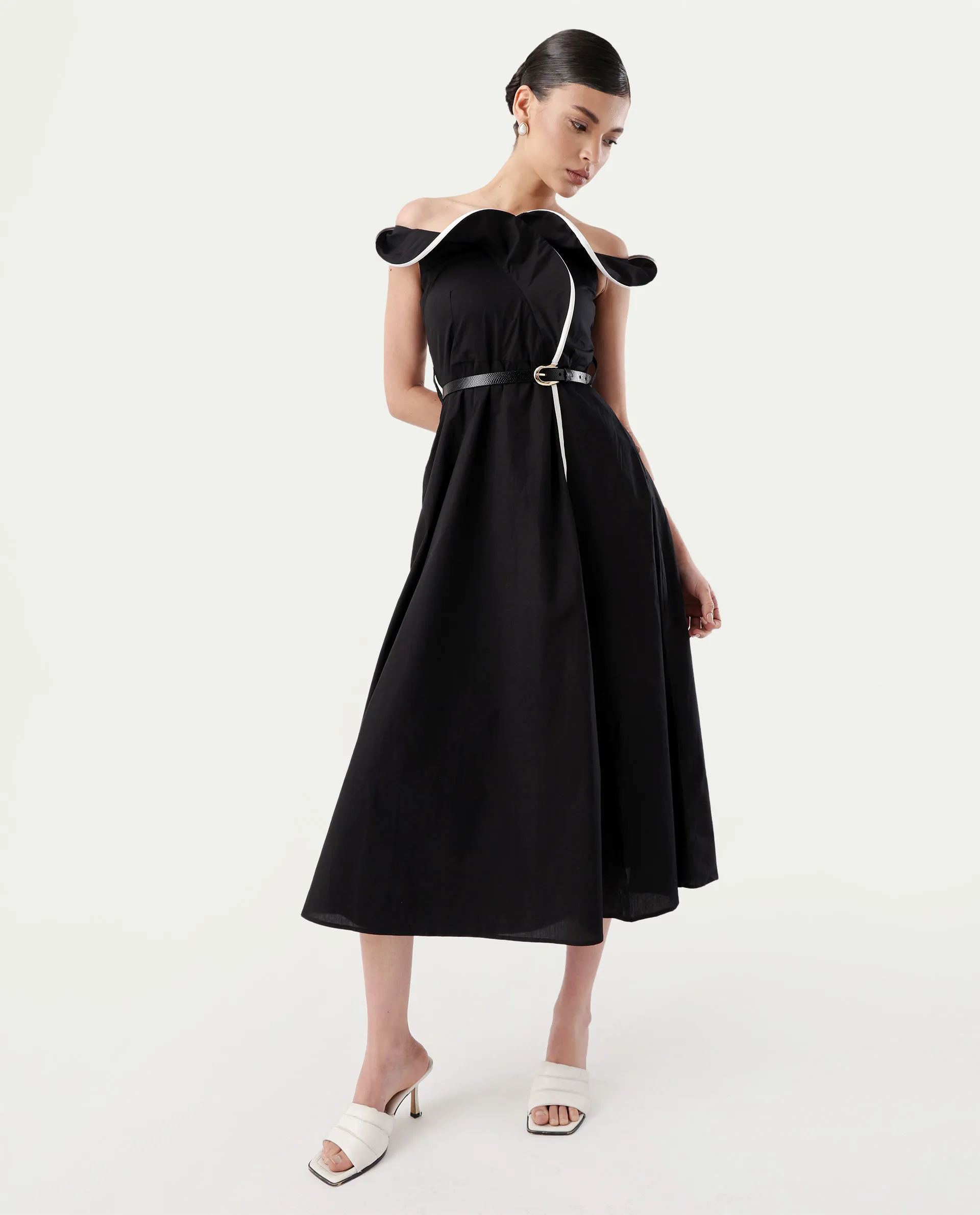 Rareism Women's Janrol Black Cotton Ruffled Neck Plain Sleeveless Midi Fit And Flare Dress - Image 2