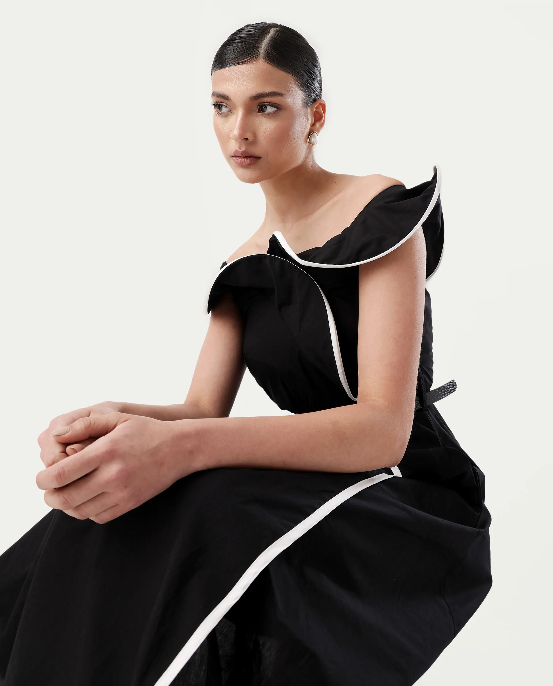 Rareism Women's Janrol Black Cotton Ruffled Neck Plain Sleeveless Midi Fit And Flare Dress - Image 3