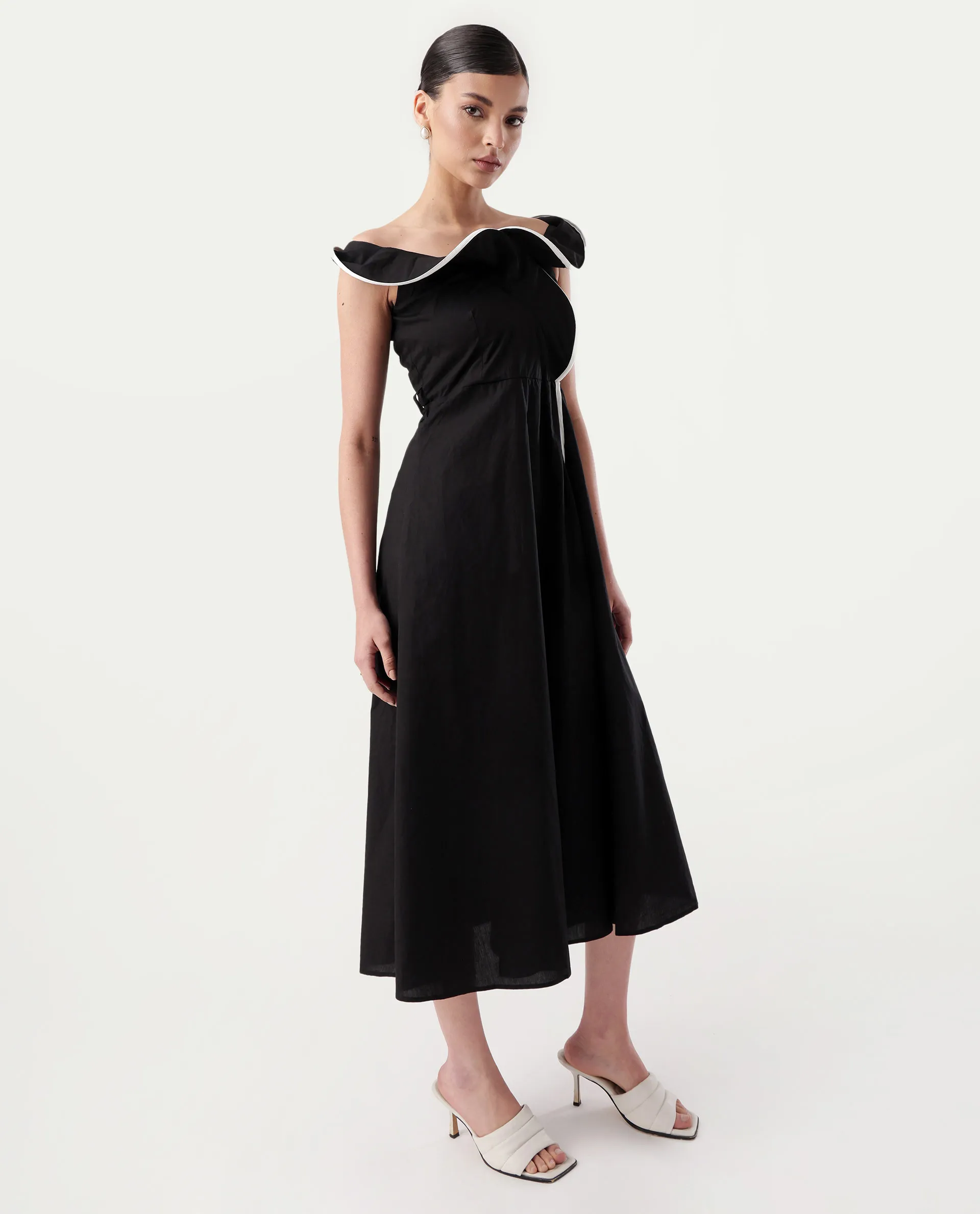 Rareism Women's Janrol Black Cotton Ruffled Neck Plain Sleeveless Midi Fit And Flare Dress - Image 4