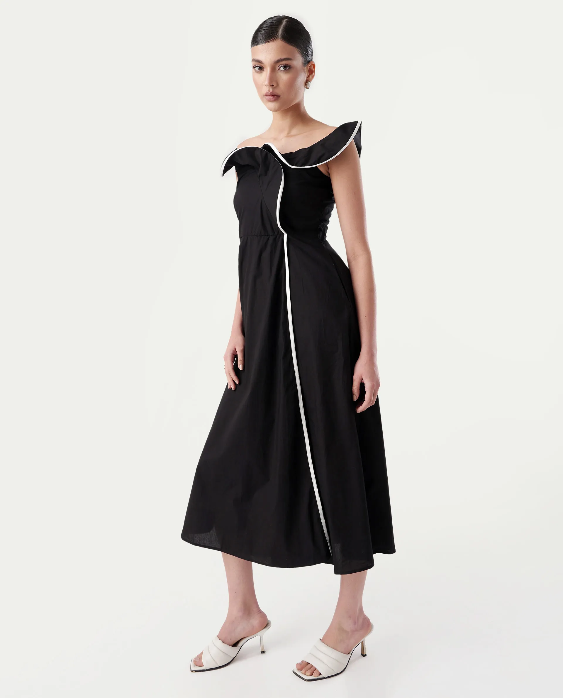 Rareism Women's Janrol Black Cotton Ruffled Neck Plain Sleeveless Midi Fit And Flare Dress - Image 5