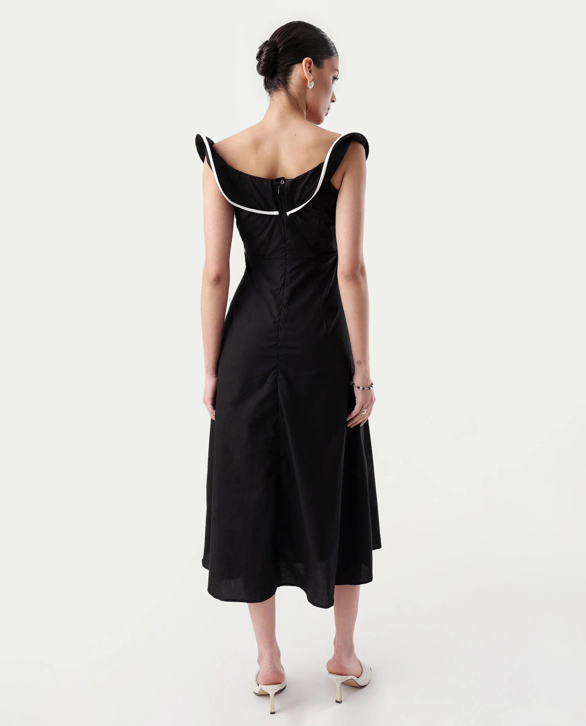 Rareism Women's Janrol Black Cotton Ruffled Neck Plain Sleeveless Midi Fit And Flare Dress - Image 6