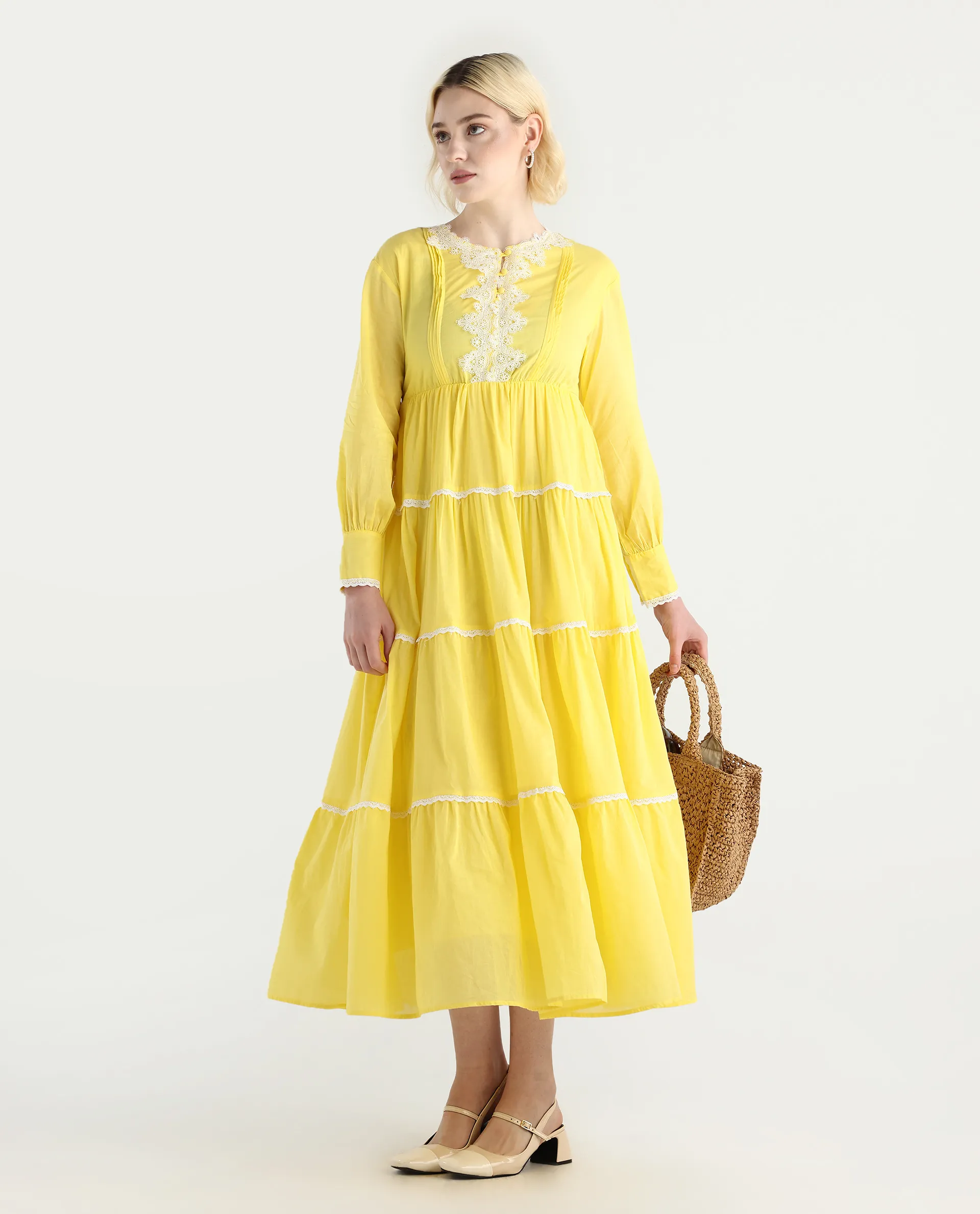 Rareism Women's Janron Mustard Cotton Round Neck Plain Bishop Sleeve Maxi Fit And Flare Dress - Image 2