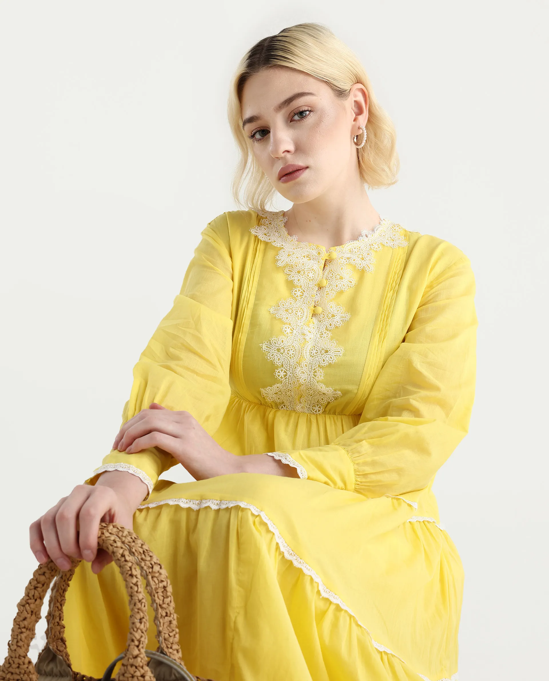 Rareism Women's Janron Mustard Cotton Round Neck Plain Bishop Sleeve Maxi Fit And Flare Dress - Image 3