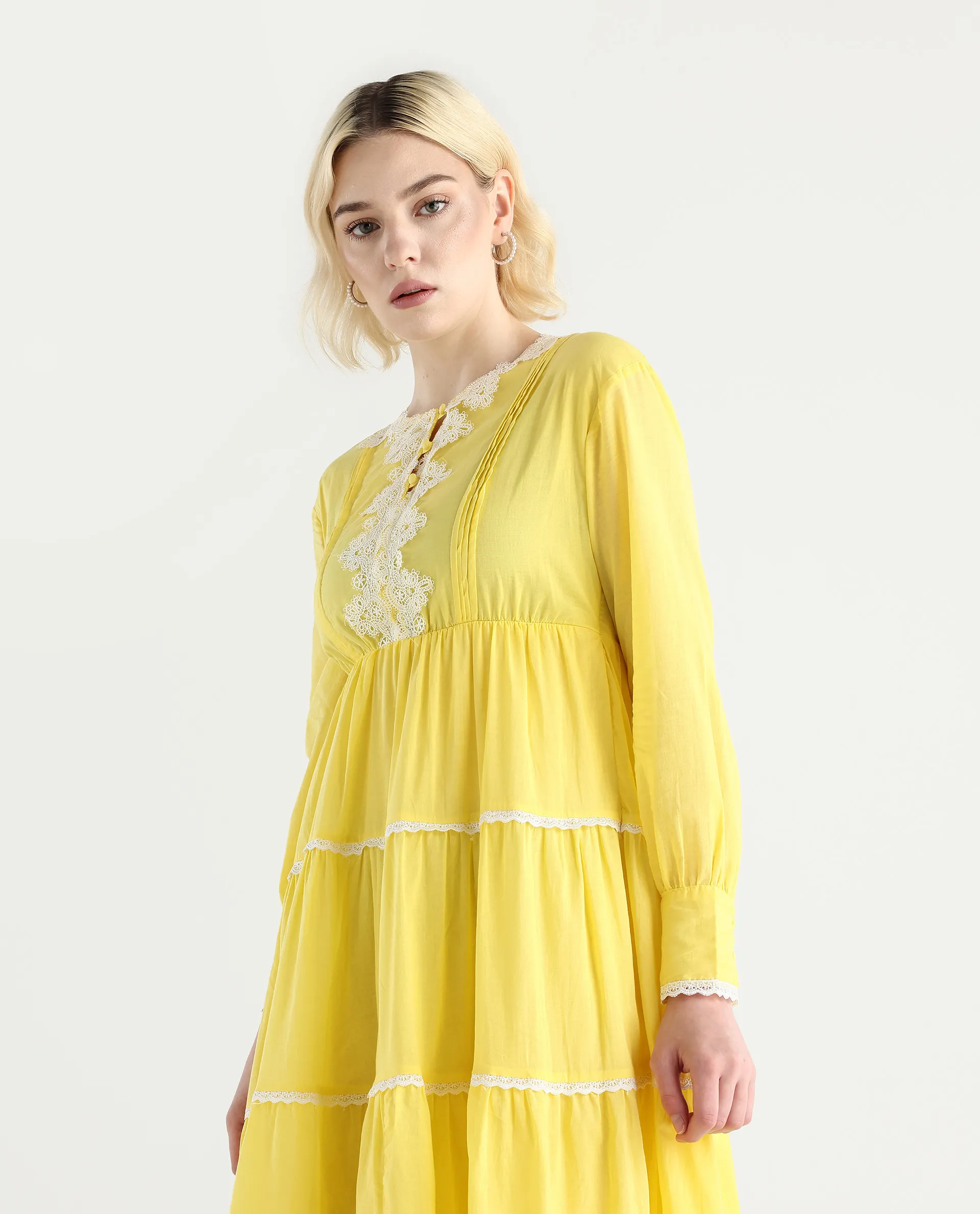 Rareism Women's Janron Mustard Cotton Round Neck Plain Bishop Sleeve Maxi Fit And Flare Dress - Image 4