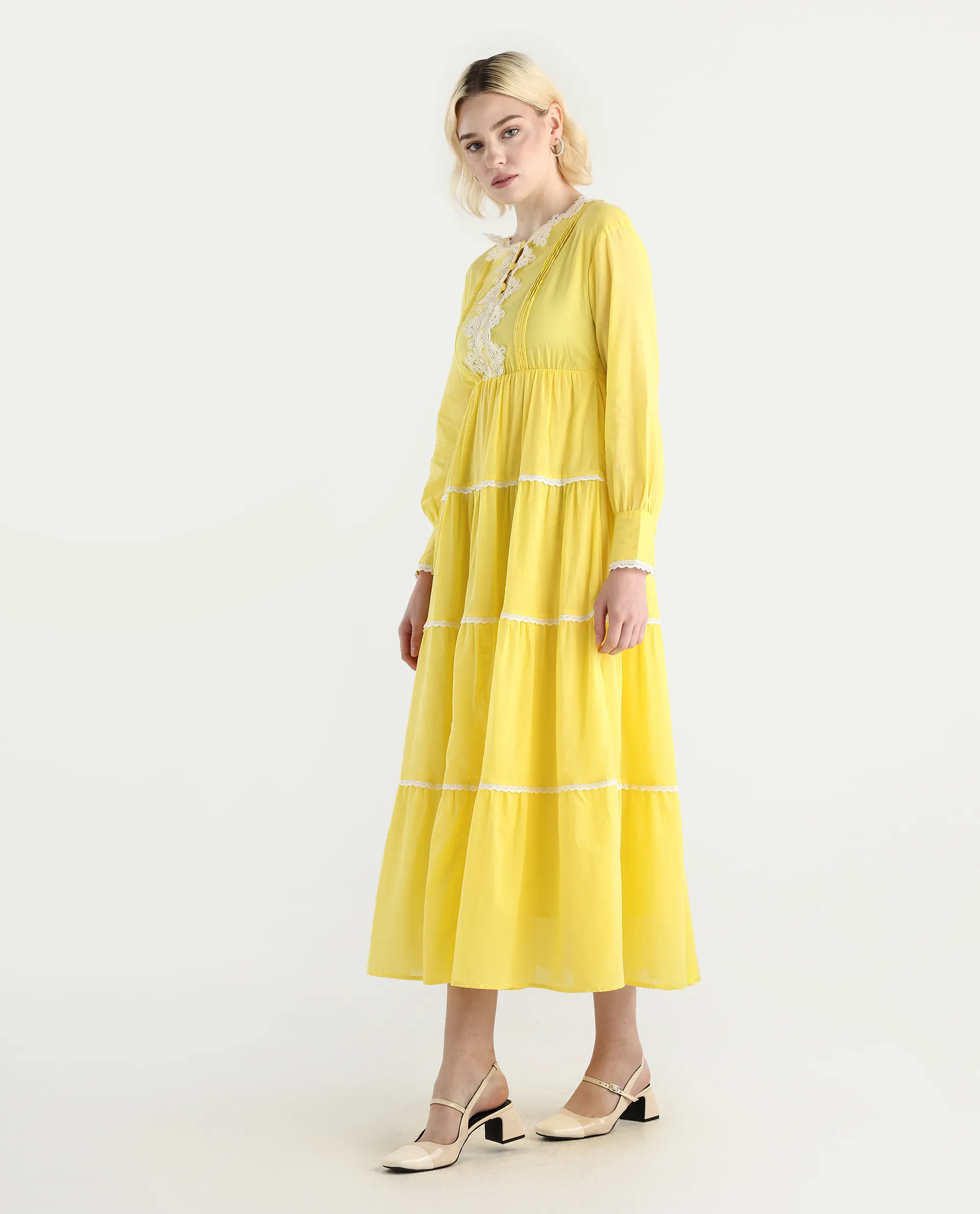 Rareism Women's Janron Mustard Cotton Round Neck Plain Bishop Sleeve Maxi Fit And Flare Dress - Image 5