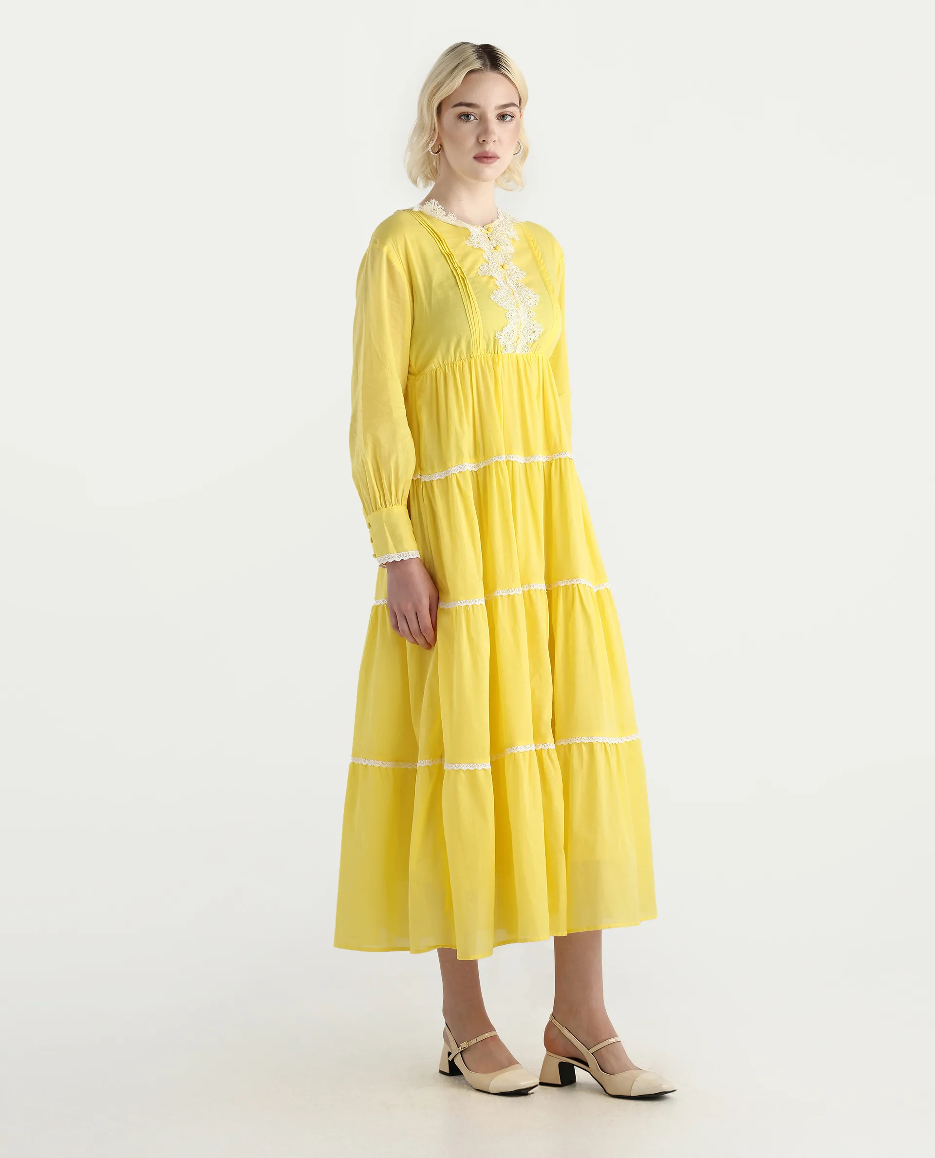 Rareism Women's Janron Mustard Cotton Round Neck Plain Bishop Sleeve Maxi Fit And Flare Dress - Image 6