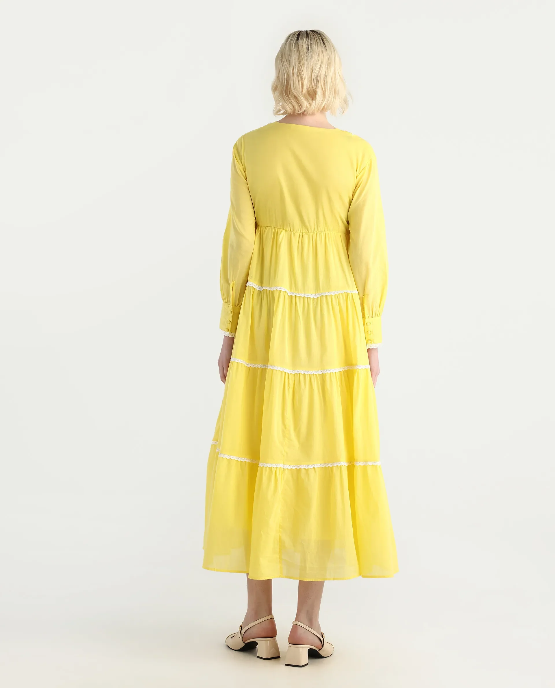 Rareism Women's Janron Mustard Cotton Round Neck Plain Bishop Sleeve Maxi Fit And Flare Dress - Image 7