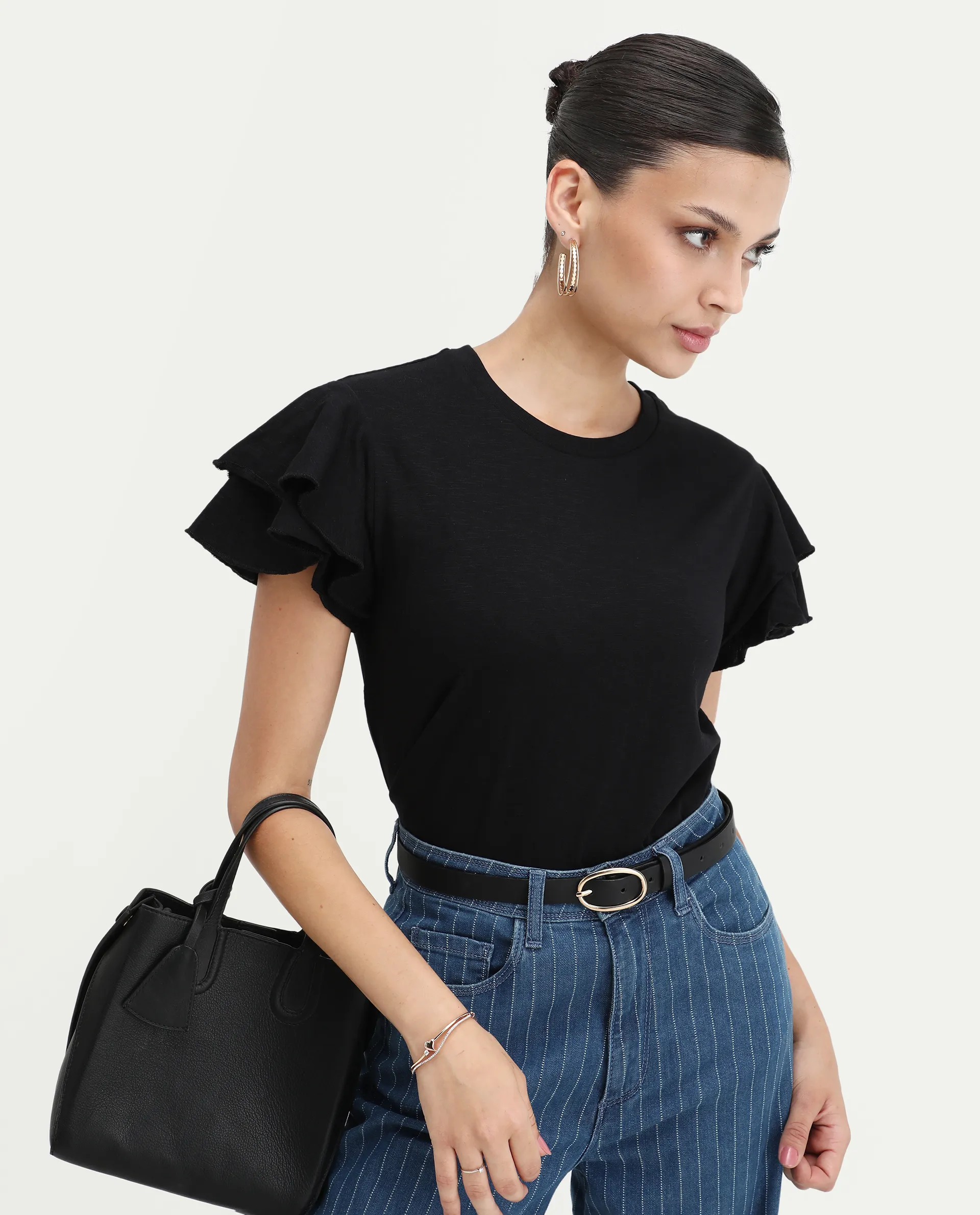Rareism Women's Janruf Black Cotton Round Neck Plain Ruffled Sleeve Regular Fit T-Shirt