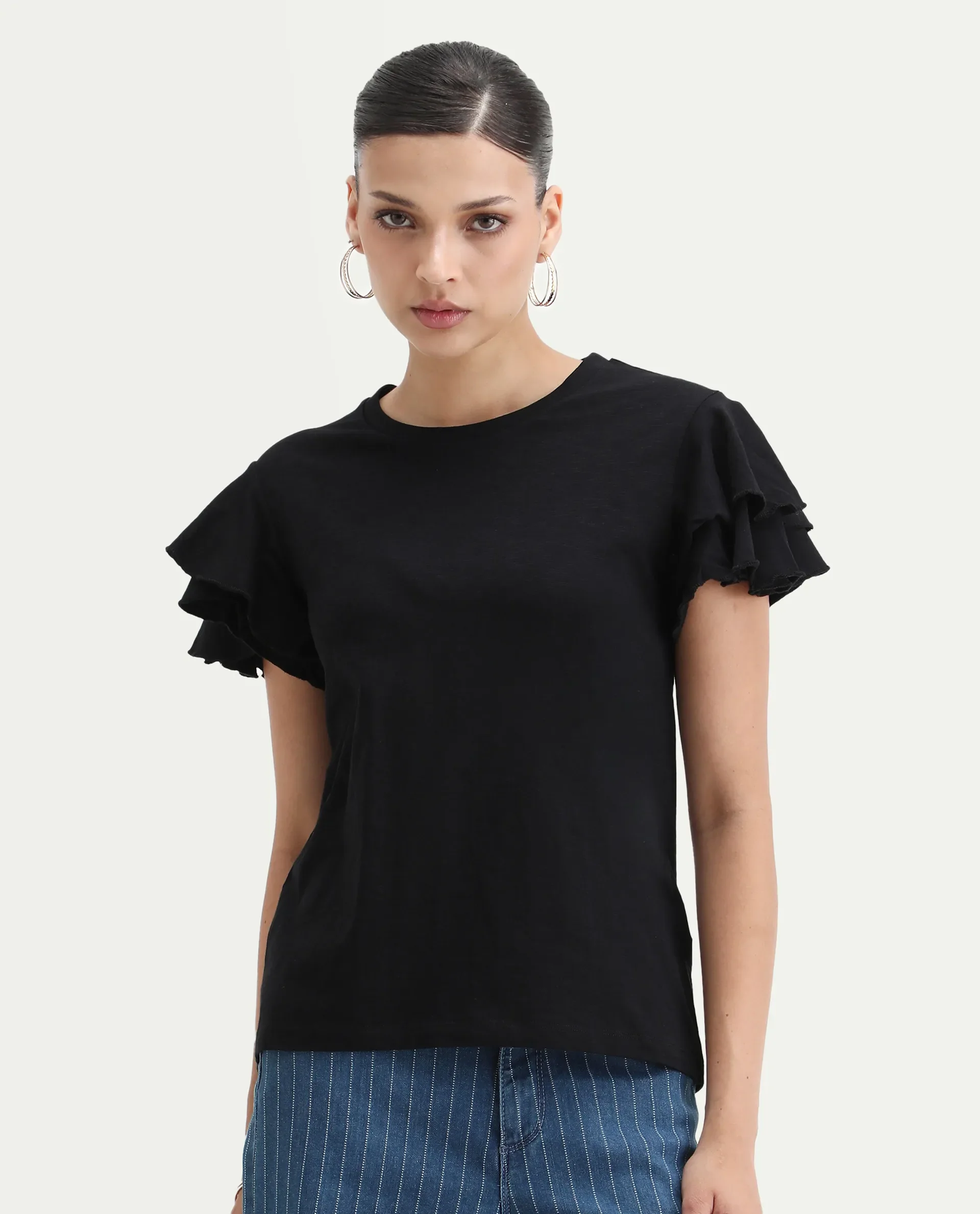 Rareism Women's Janruf Black Cotton Round Neck Plain Ruffled Sleeve Regular Fit T-Shirt - Image 3