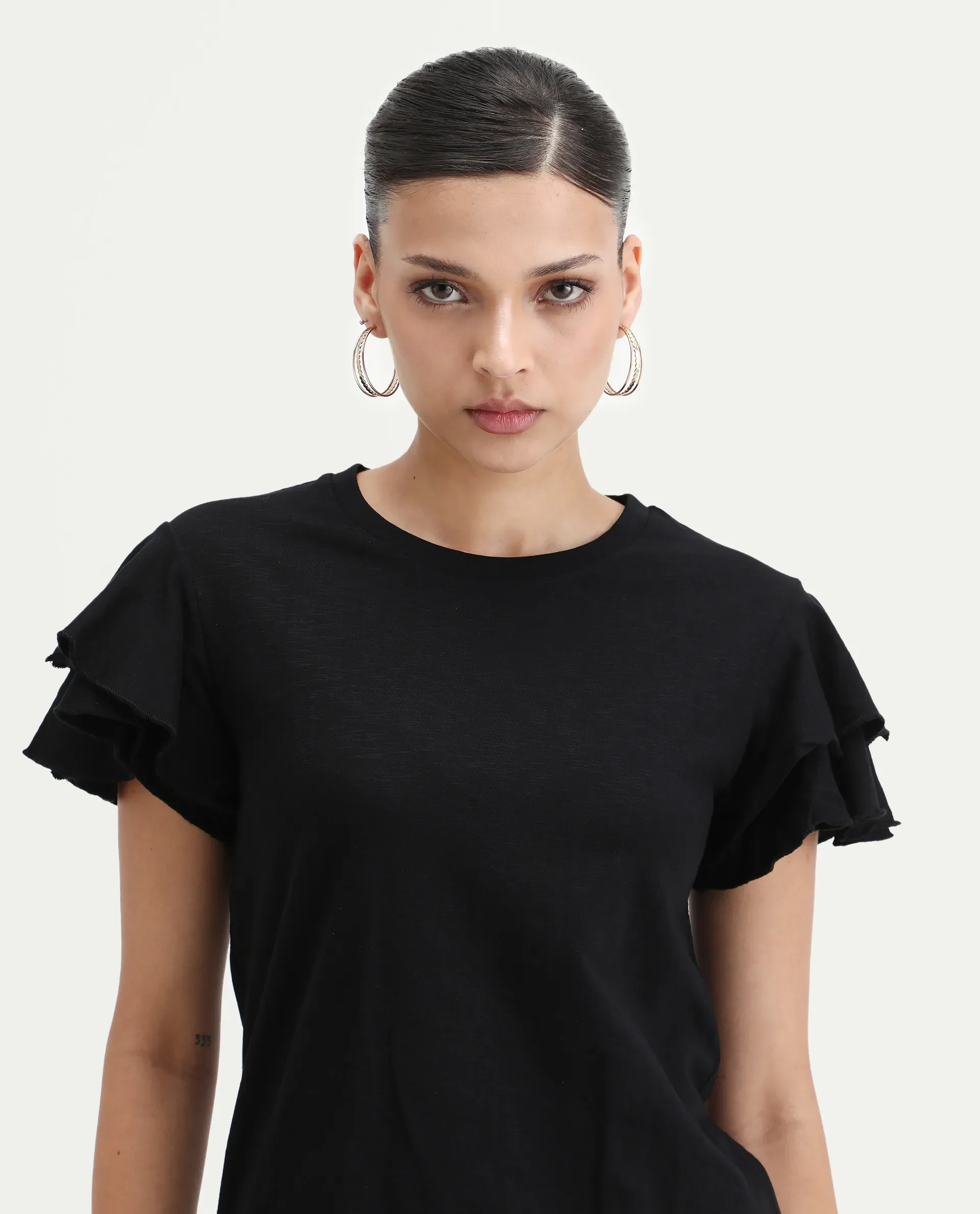 Rareism Women's Janruf Black Cotton Round Neck Plain Ruffled Sleeve Regular Fit T-Shirt - Image 4