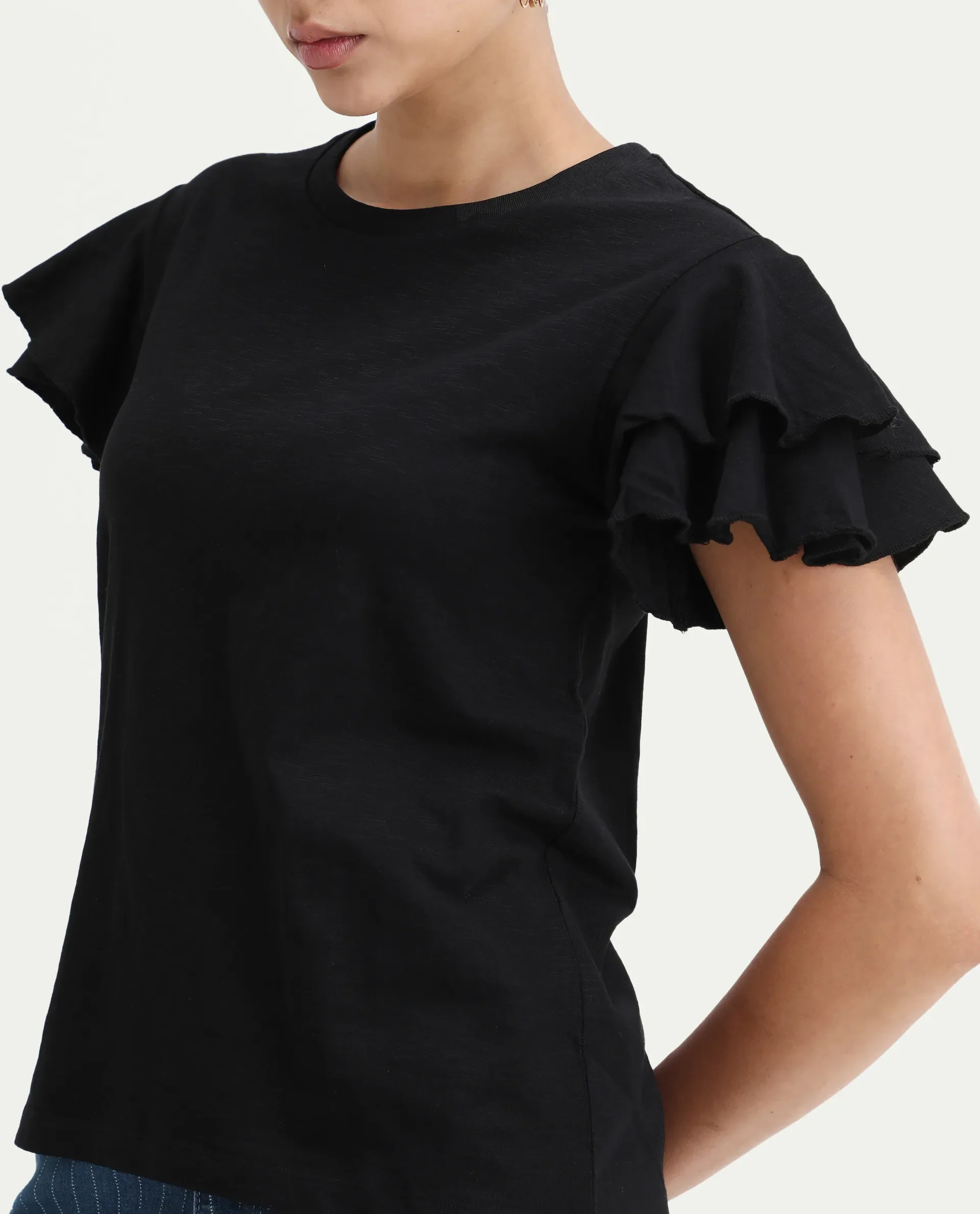 Rareism Women's Janruf Black Cotton Round Neck Plain Ruffled Sleeve Regular Fit T-Shirt - Image 5