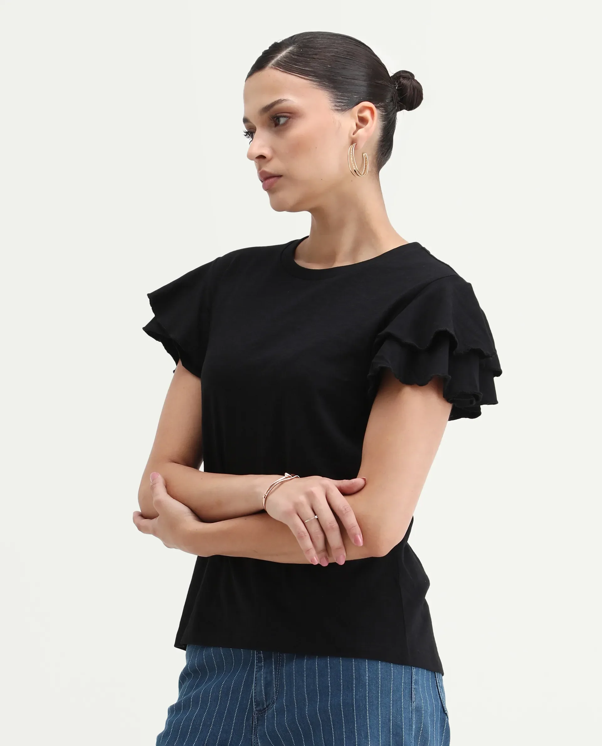 Rareism Women's Janruf Black Cotton Round Neck Plain Ruffled Sleeve Regular Fit T-Shirt - Image 6