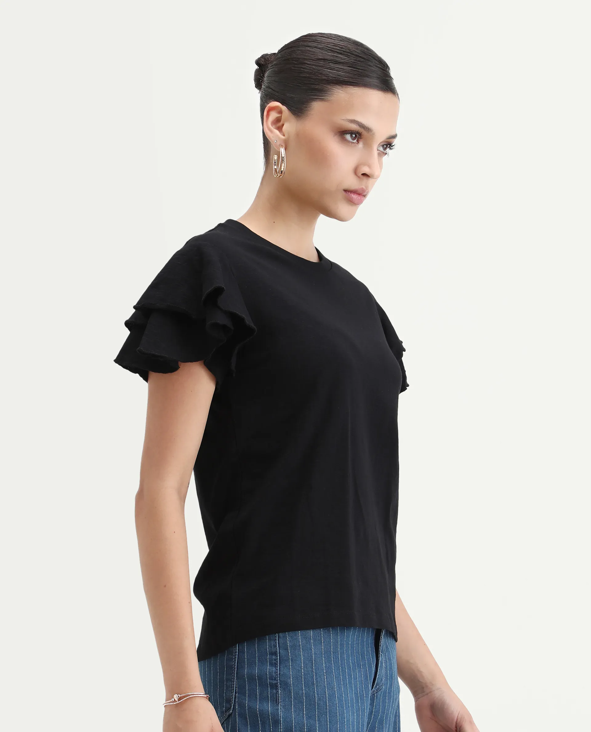 Rareism Women's Janruf Black Cotton Round Neck Plain Ruffled Sleeve Regular Fit T-Shirt - Image 7
