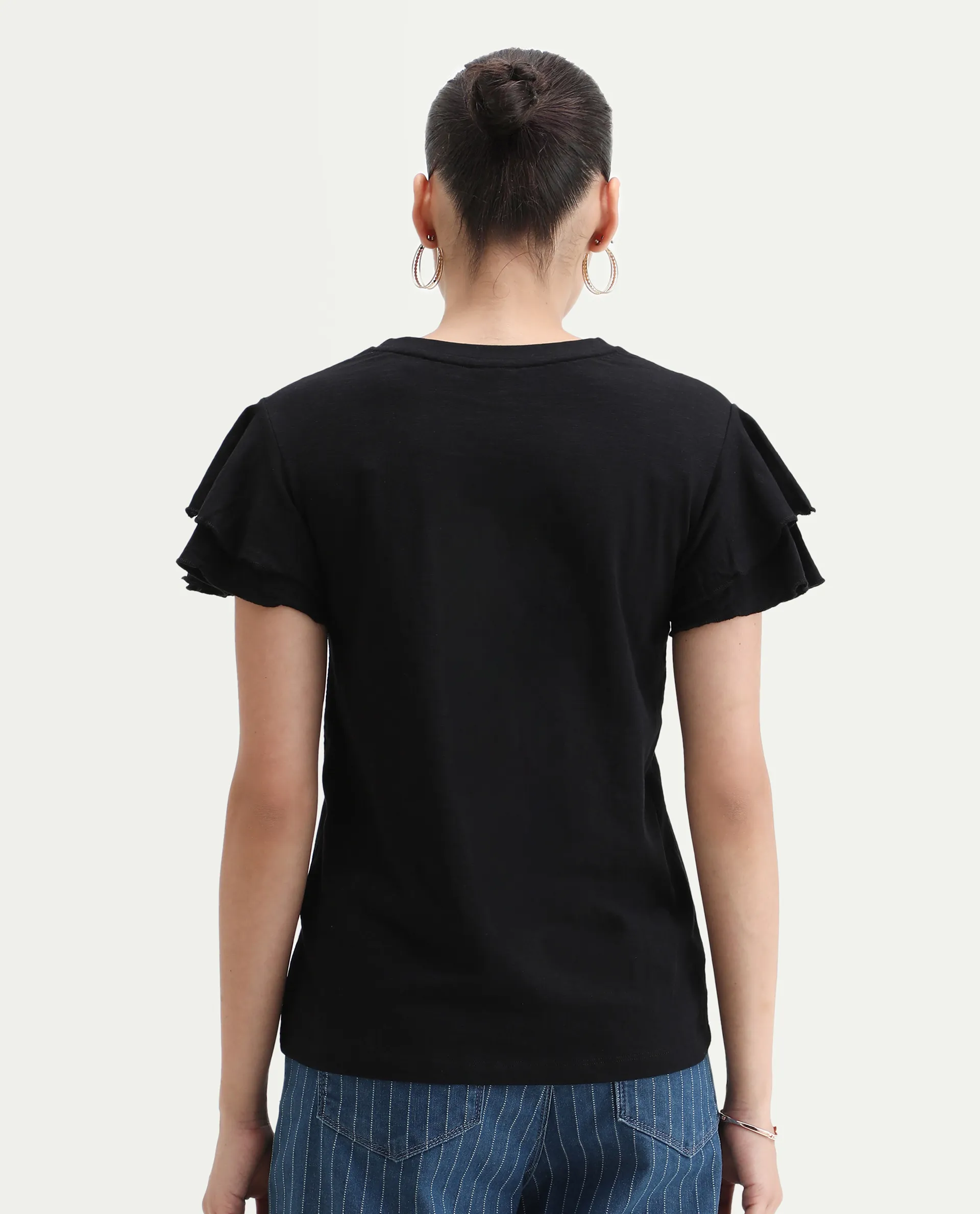Rareism Women's Janruf Black Cotton Round Neck Plain Ruffled Sleeve Regular Fit T-Shirt - Image 8
