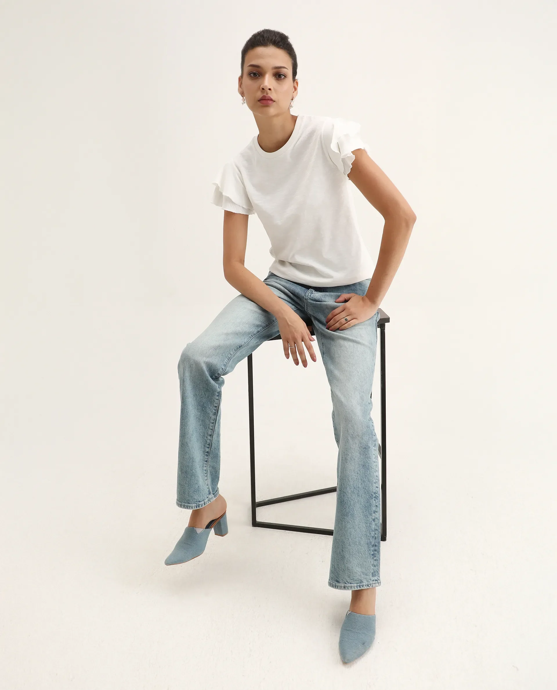 Rareism Women's Janruf Off White Cotton Round Neck Plain Ruffled Sleeve Regular Fit T-Shirt - Image 2