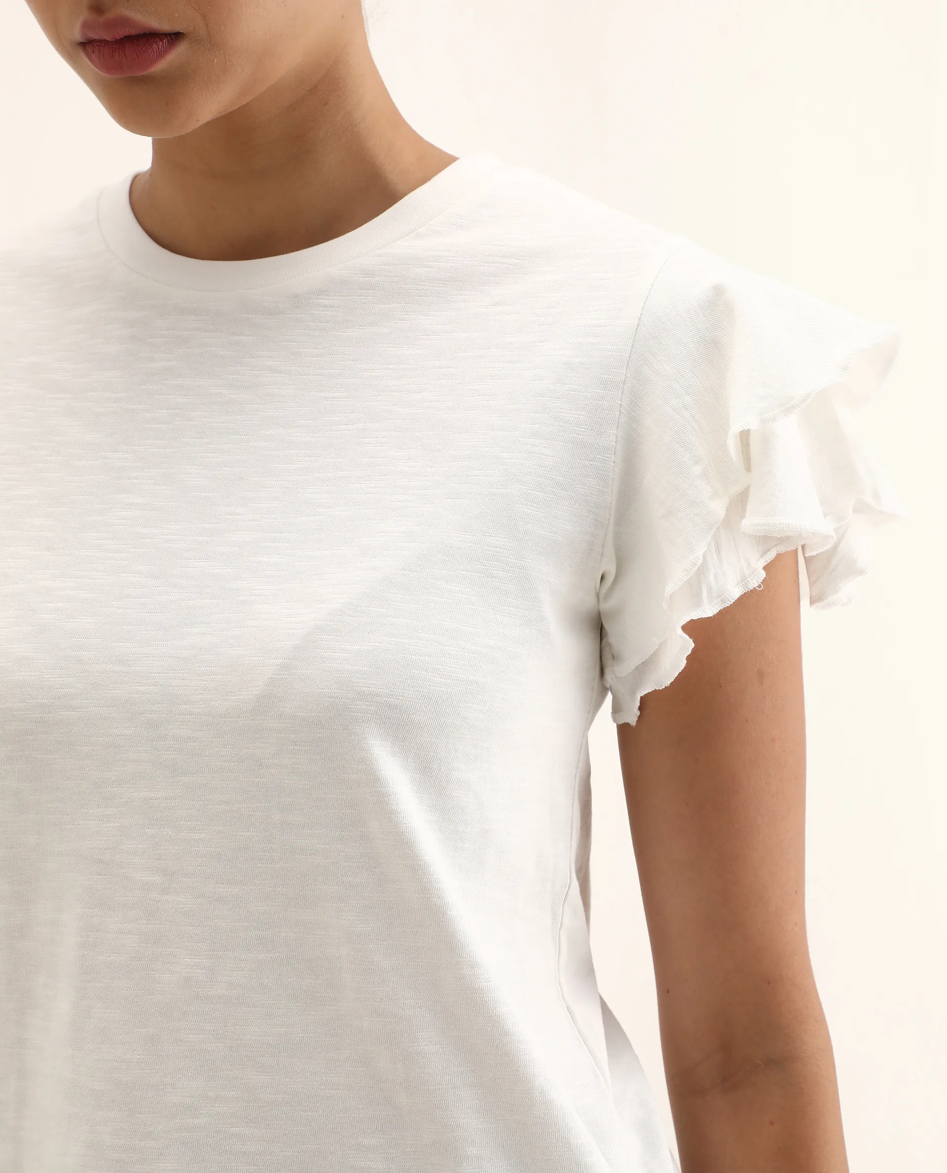 Rareism Women's Janruf Off White Cotton Round Neck Plain Ruffled Sleeve Regular Fit T-Shirt - Image 3