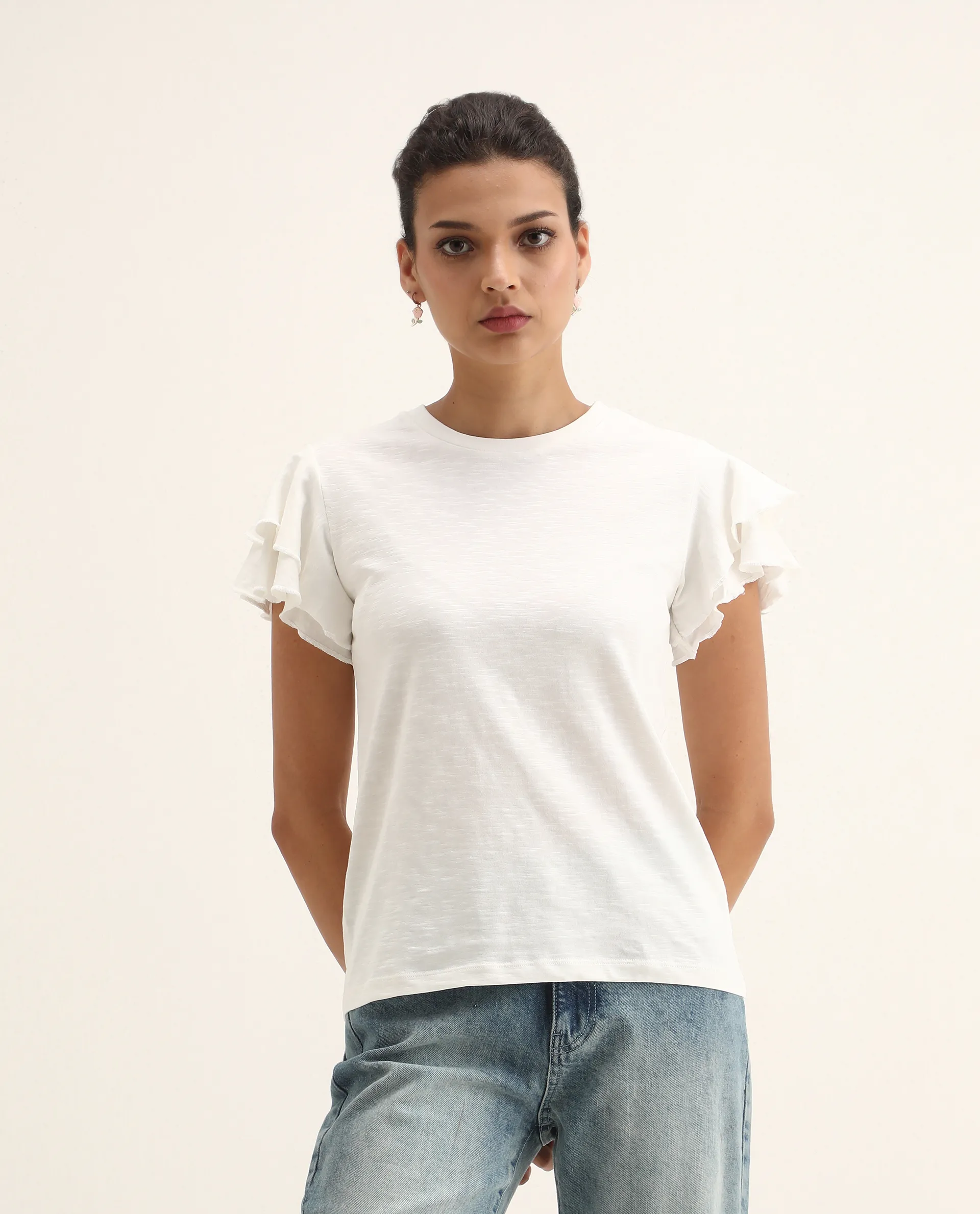 Rareism Women's Janruf Off White Cotton Round Neck Plain Ruffled Sleeve Regular Fit T-Shirt - Image 4