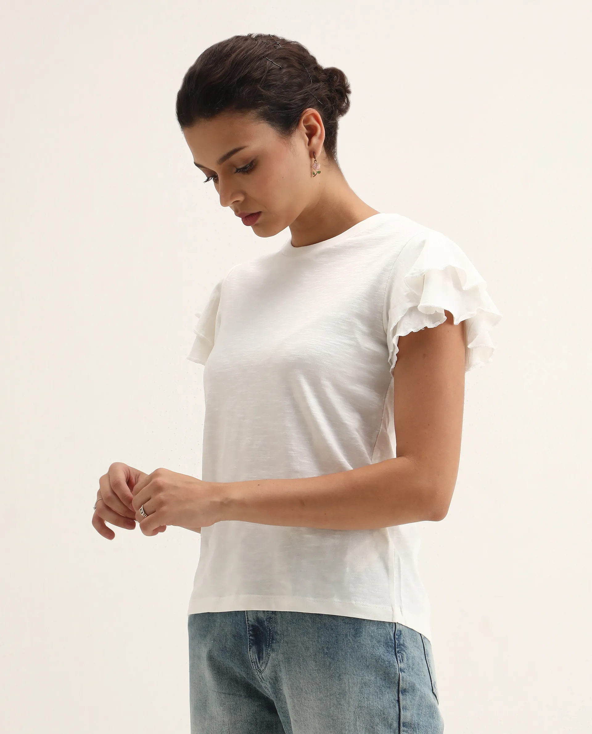 Rareism Women's Janruf Off White Cotton Round Neck Plain Ruffled Sleeve Regular Fit T-Shirt - Image 6