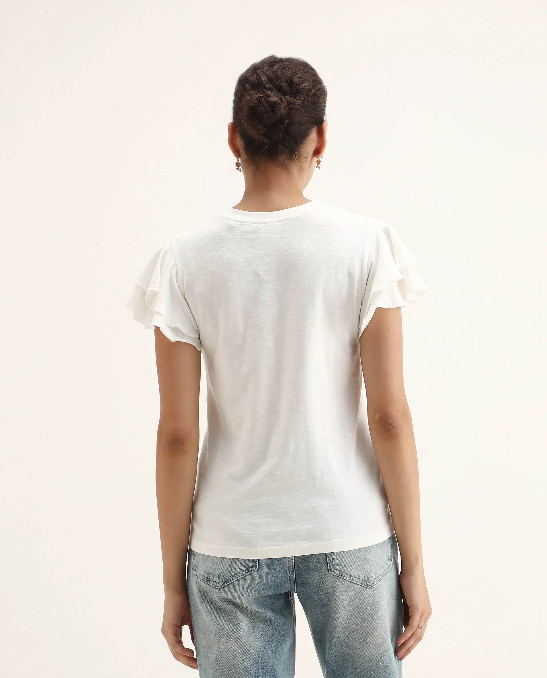 Rareism Women's Janruf Off White Cotton Round Neck Plain Ruffled Sleeve Regular Fit T-Shirt - Image 7