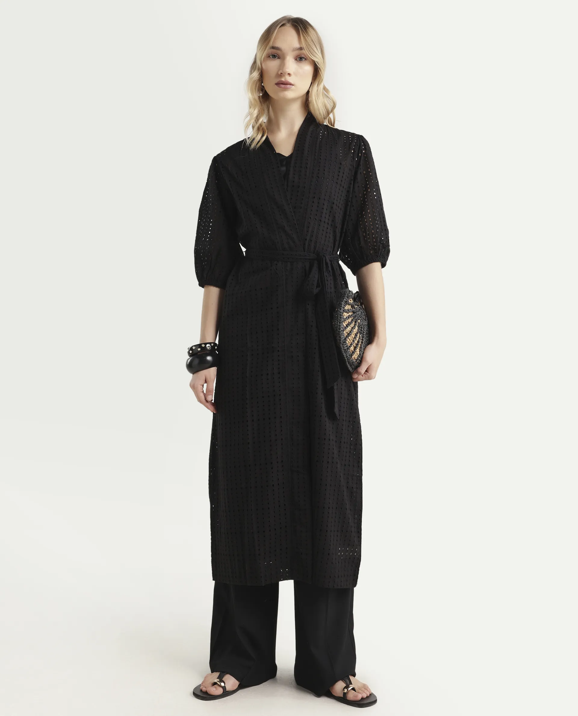 Rareism Women's Janslip Black Cotton Collarless Plain Balloon Sleeve Maxi Regular Fit Shrug - Image 2