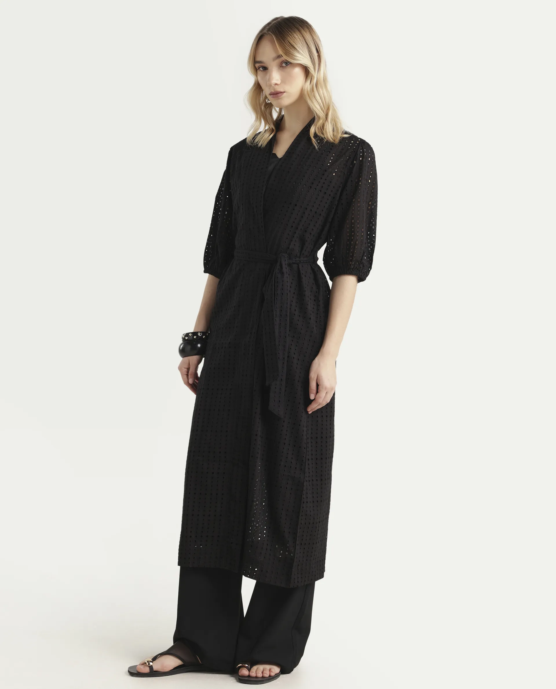 Rareism Women's Janslip Black Cotton Collarless Plain Balloon Sleeve Maxi Regular Fit Shrug - Image 5