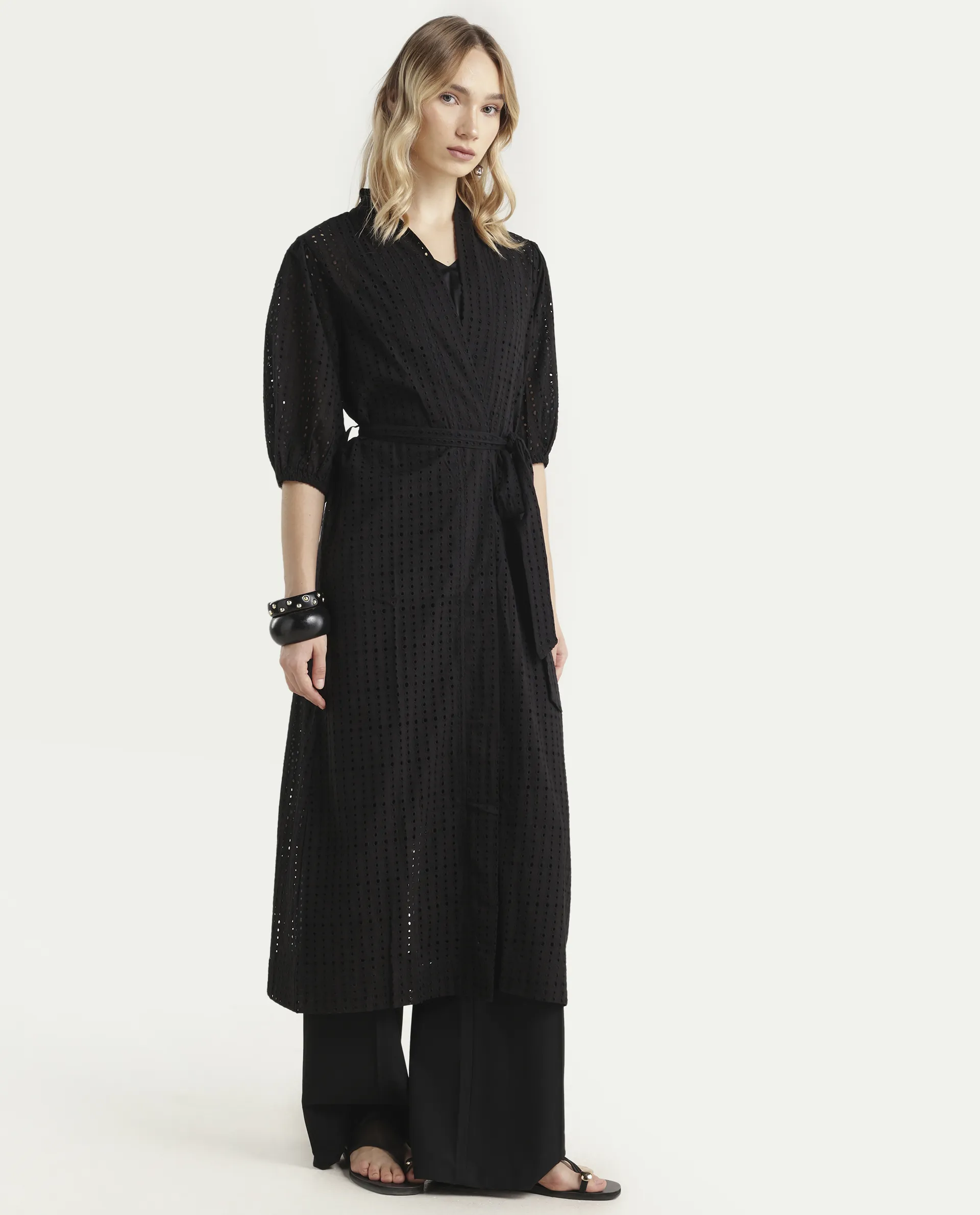 Rareism Women's Janslip Black Cotton Collarless Plain Balloon Sleeve Maxi Regular Fit Shrug - Image 6