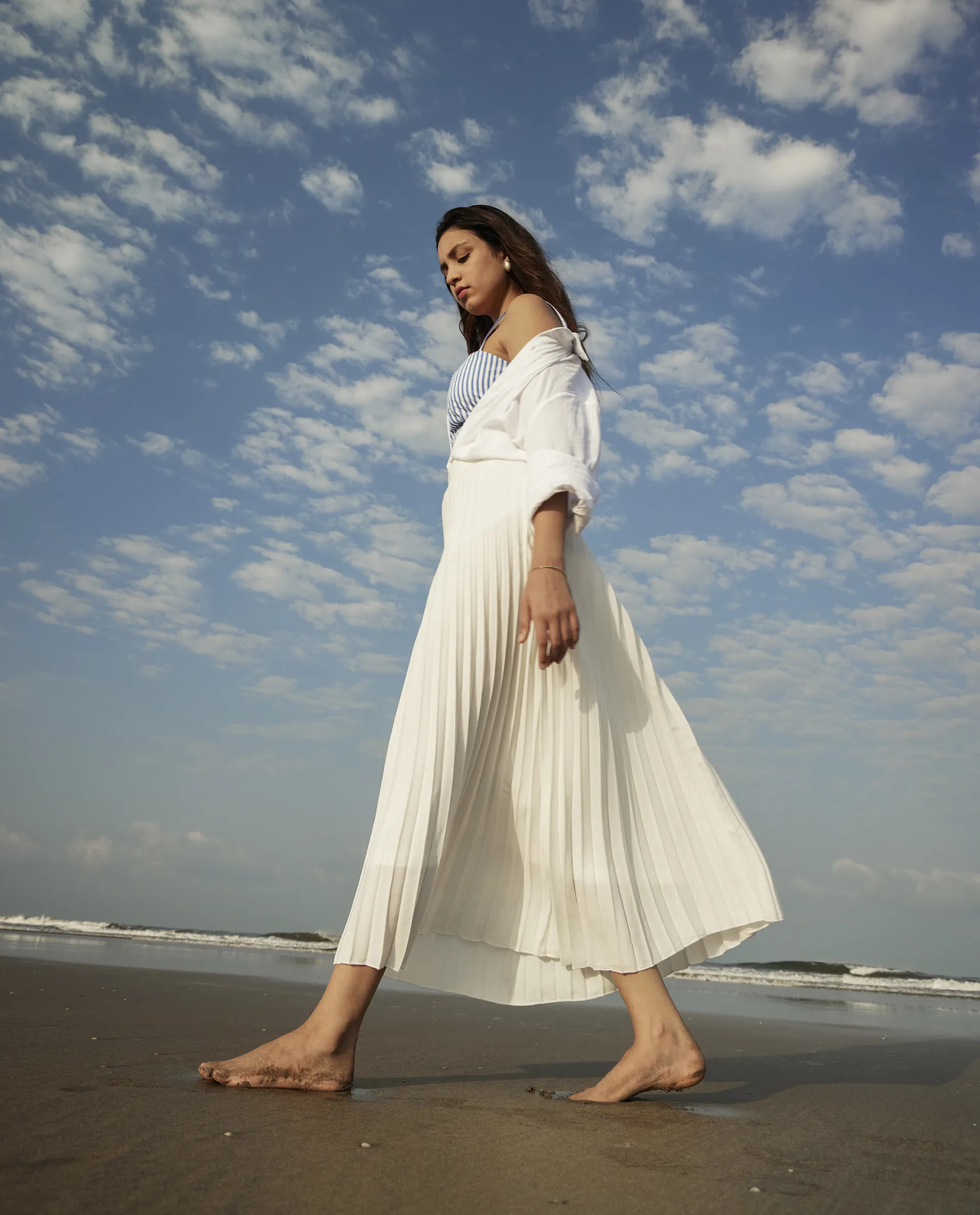 Rareism Women's Jansu Off White Polyester Plain Midi Flared Skirt