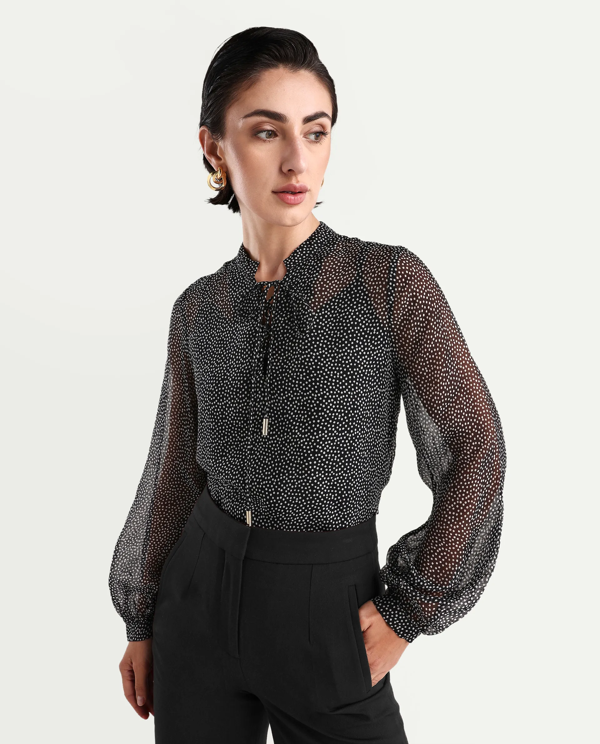 Rareism Women's Jantab Black Viscose Band Collar Polka Print Bishop Sleeve Relaxed Fit Top