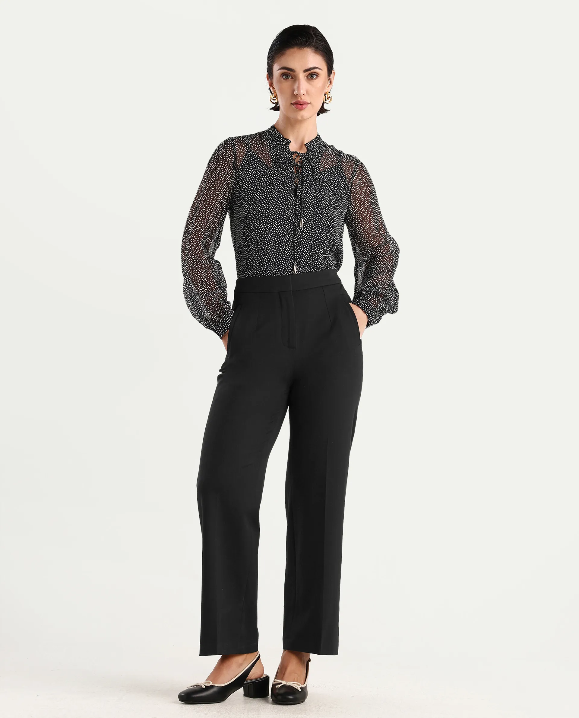 Rareism Women's Jantab Black Viscose Band Collar Polka Print Bishop Sleeve Relaxed Fit Top - Image 2
