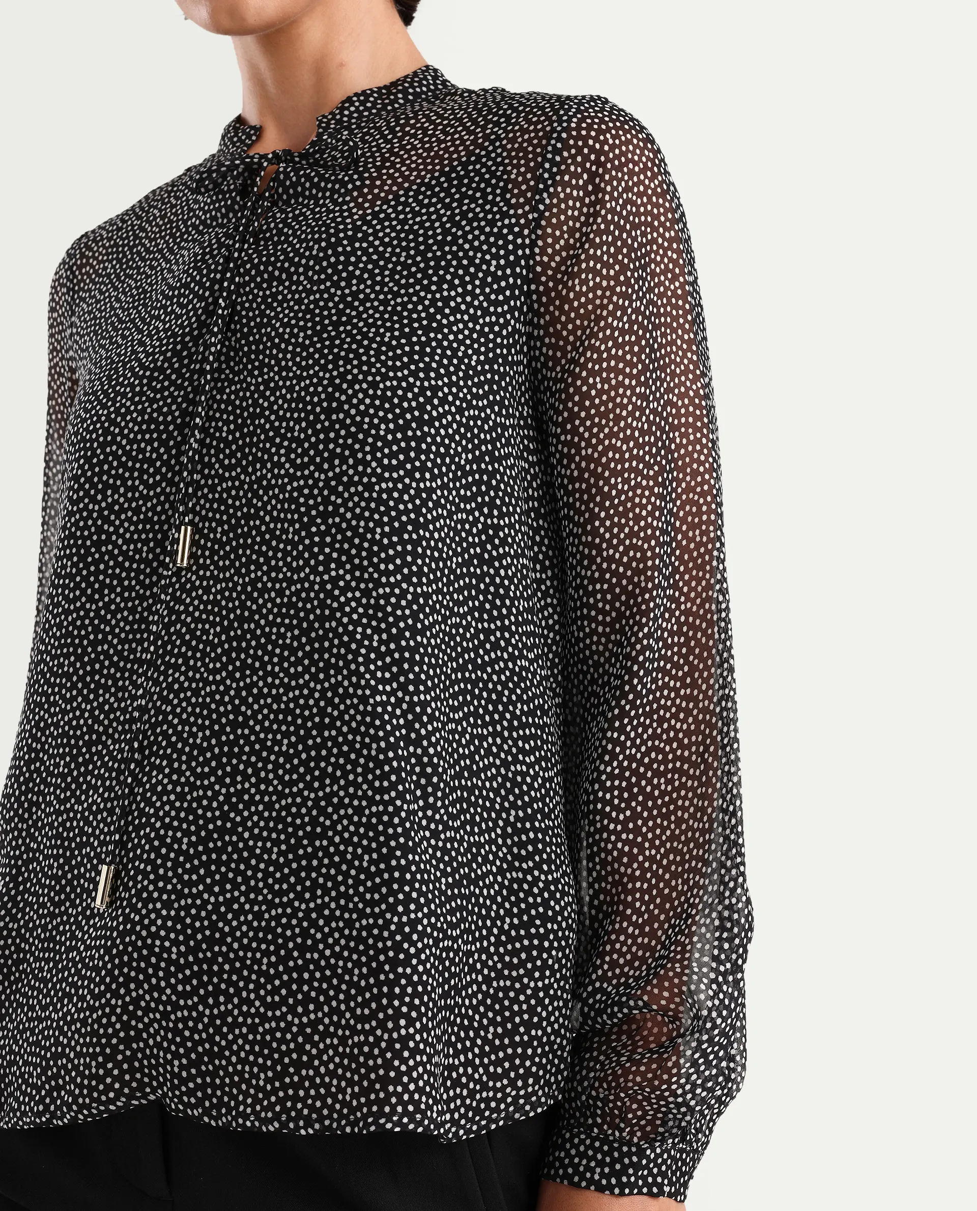 Rareism Women's Jantab Black Viscose Band Collar Polka Print Bishop Sleeve Relaxed Fit Top - Image 4