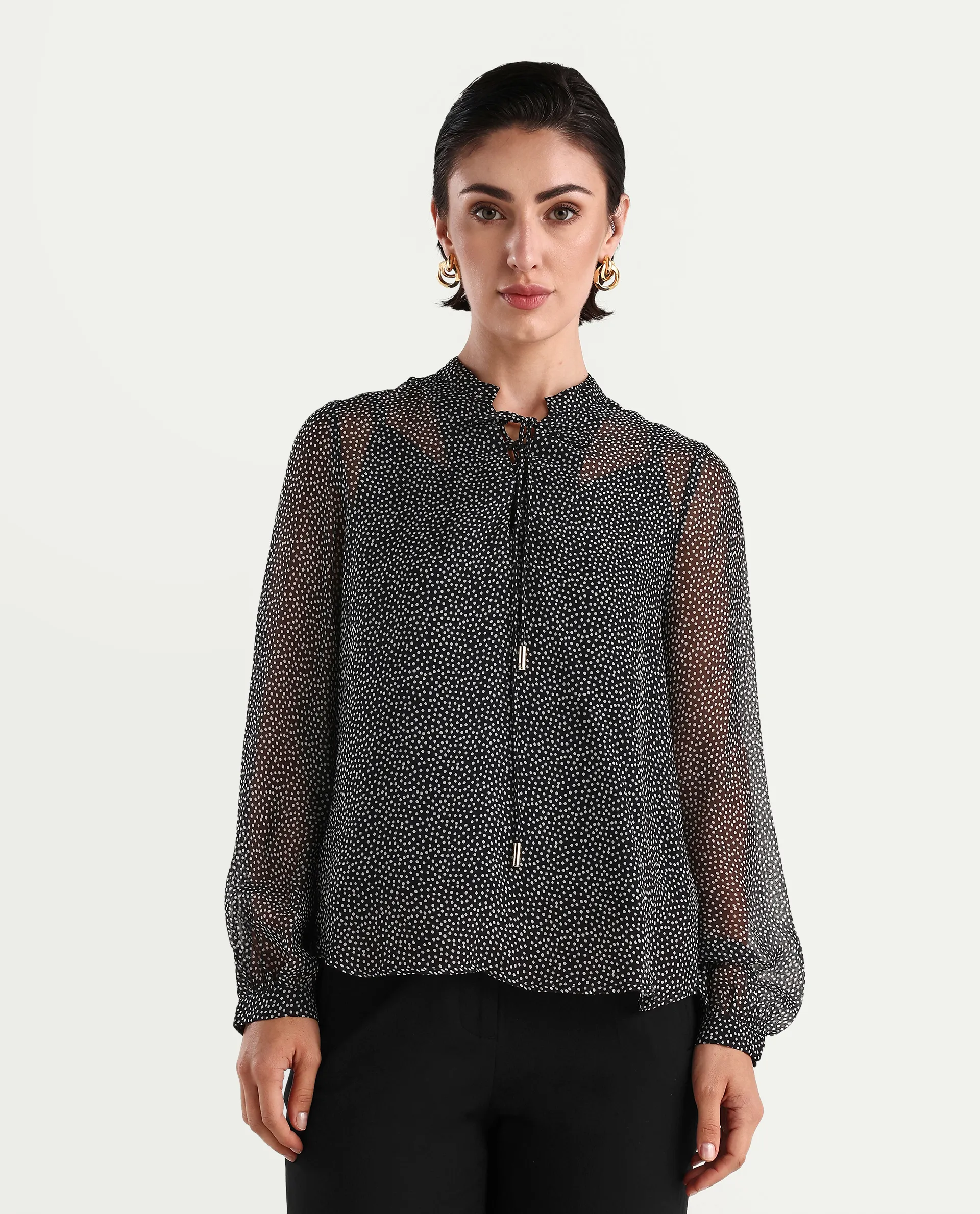 Rareism Women's Jantab Black Viscose Band Collar Polka Print Bishop Sleeve Relaxed Fit Top - Image 5