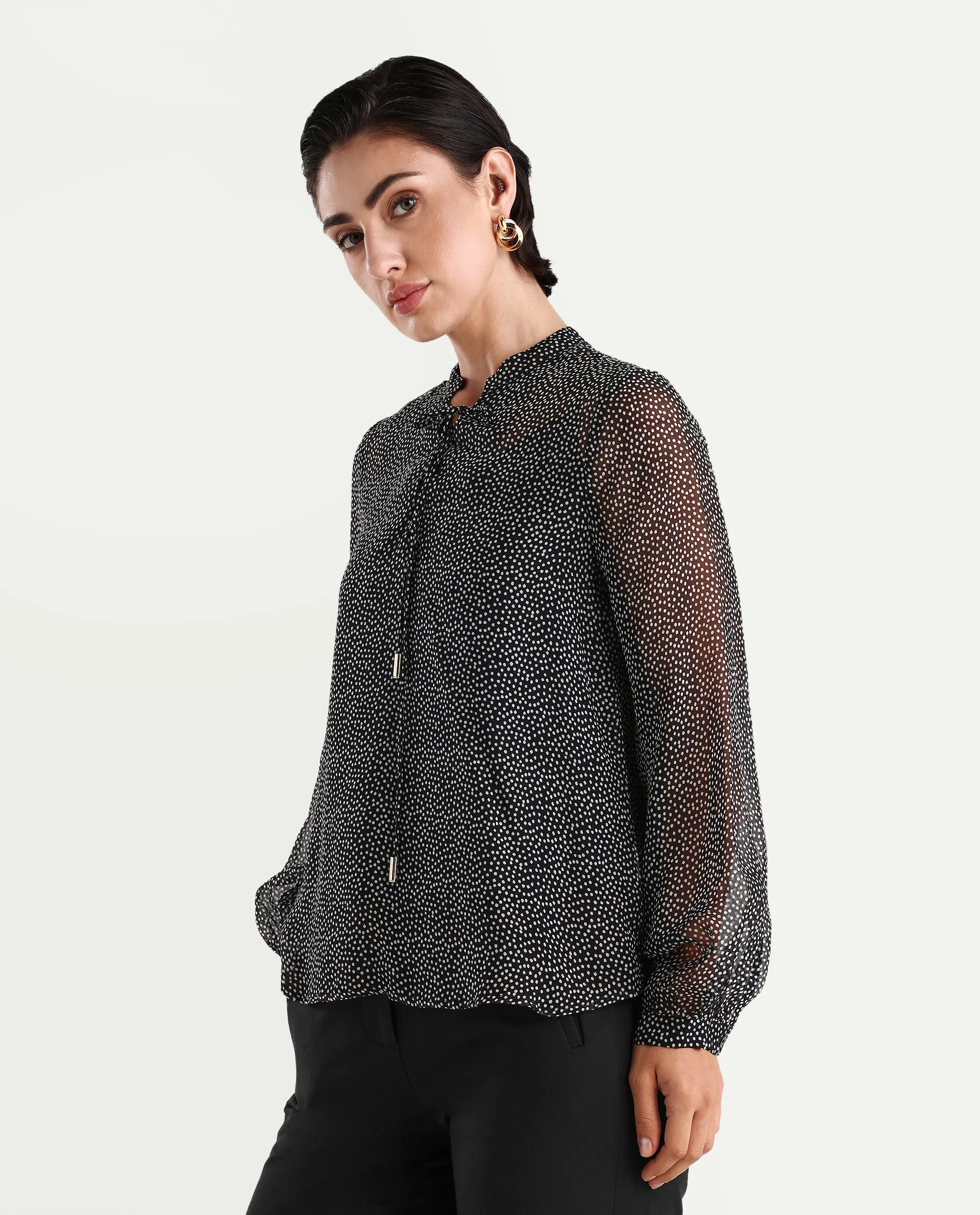 Rareism Women's Jantab Black Viscose Band Collar Polka Print Bishop Sleeve Relaxed Fit Top - Image 6