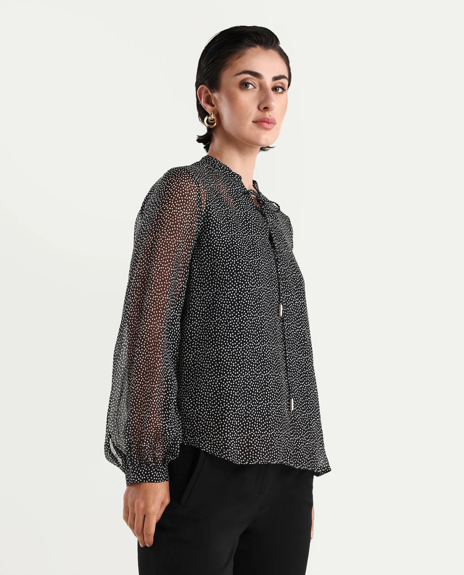 Rareism Women's Jantab Black Viscose Band Collar Polka Print Bishop Sleeve Relaxed Fit Top - Image 7