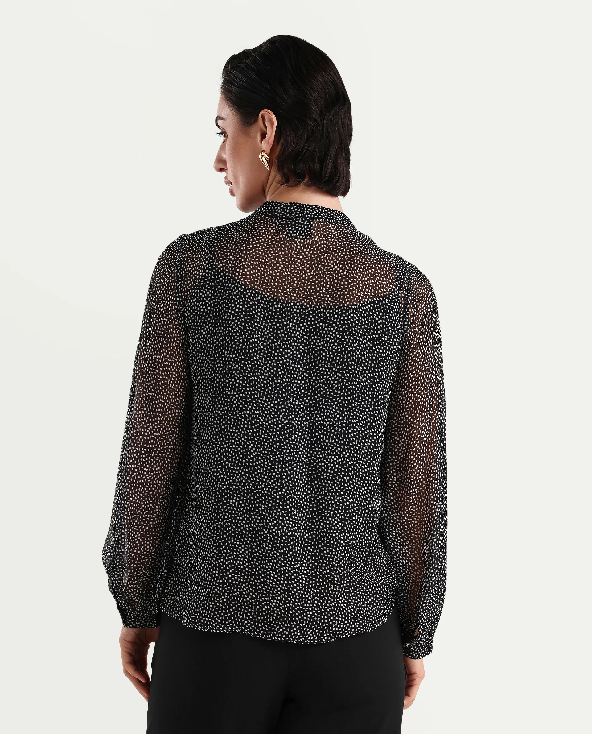 Rareism Women's Jantab Black Viscose Band Collar Polka Print Bishop Sleeve Relaxed Fit Top - Image 8